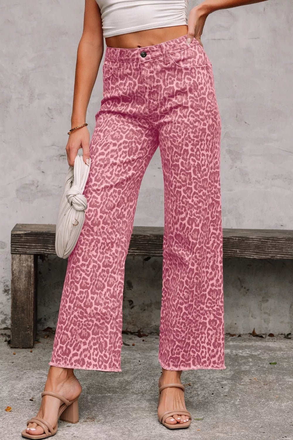 Leopard Frayed Edge Wide Leg High Waist Jeans designed for comfort and style at Lookzlike