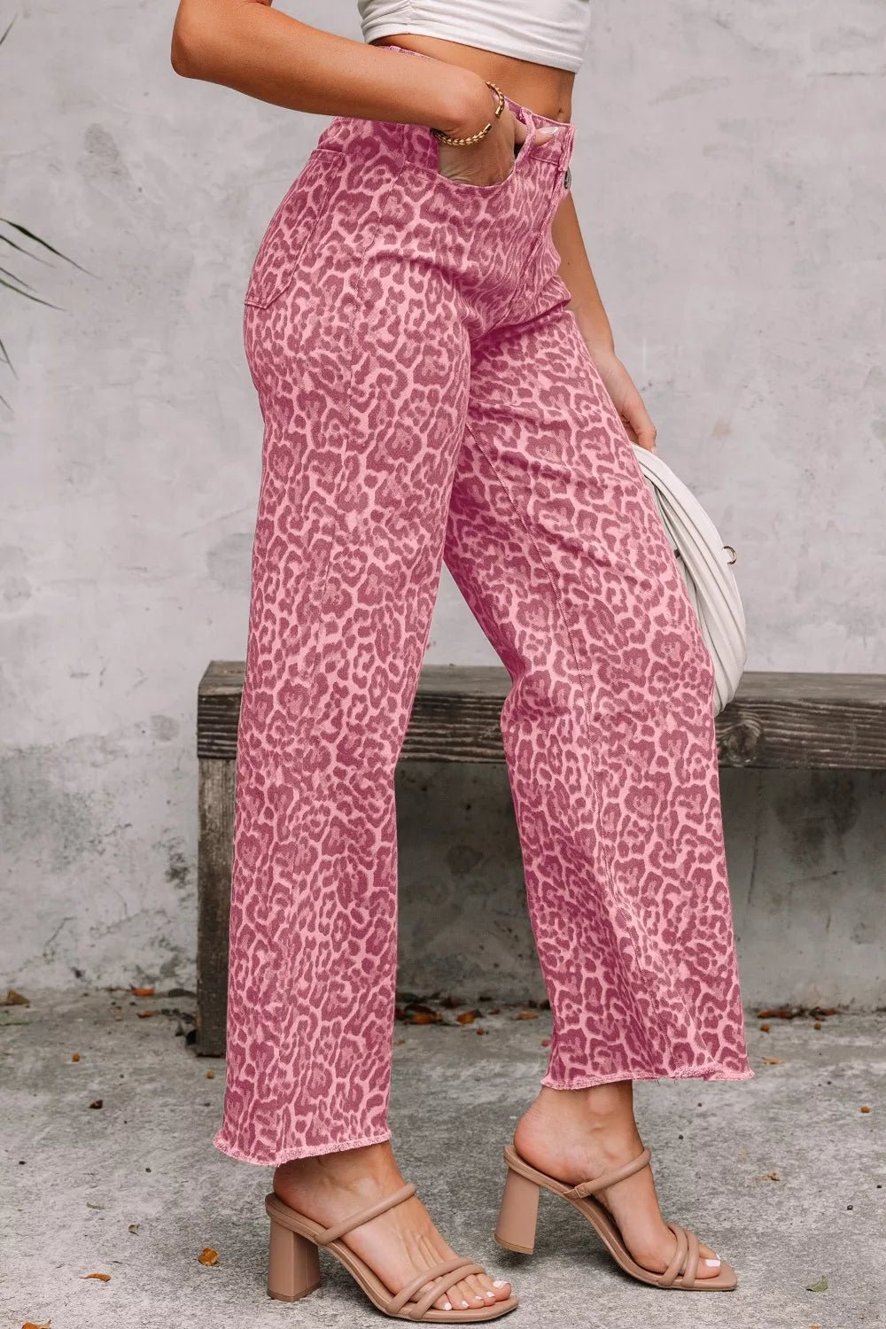 Leopard Frayed Edge Wide Leg High Waist Jeans designed for comfort and style at Lookzlike