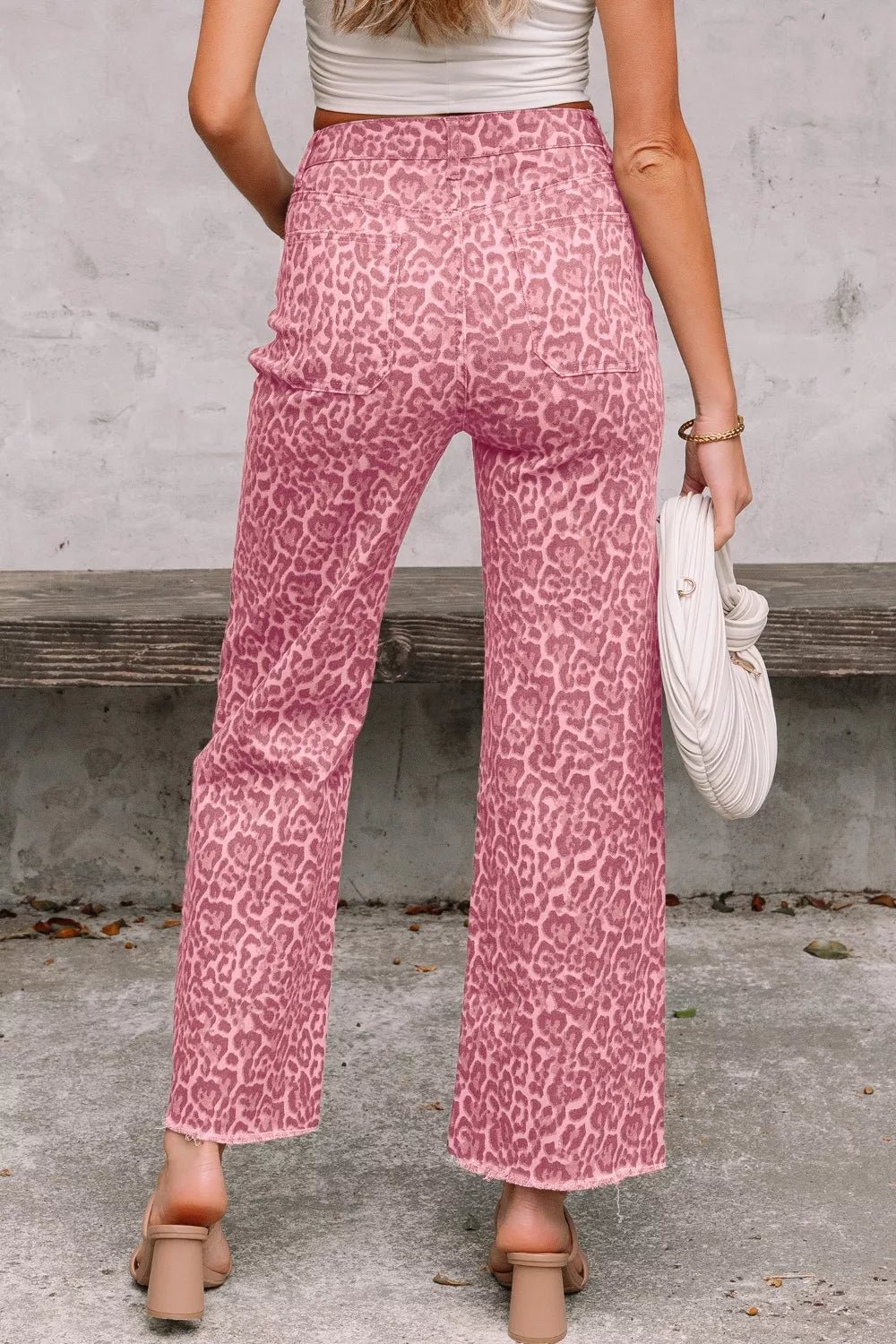 Leopard Frayed Edge Wide Leg High Waist Jeans designed for comfort and style at Lookzlike