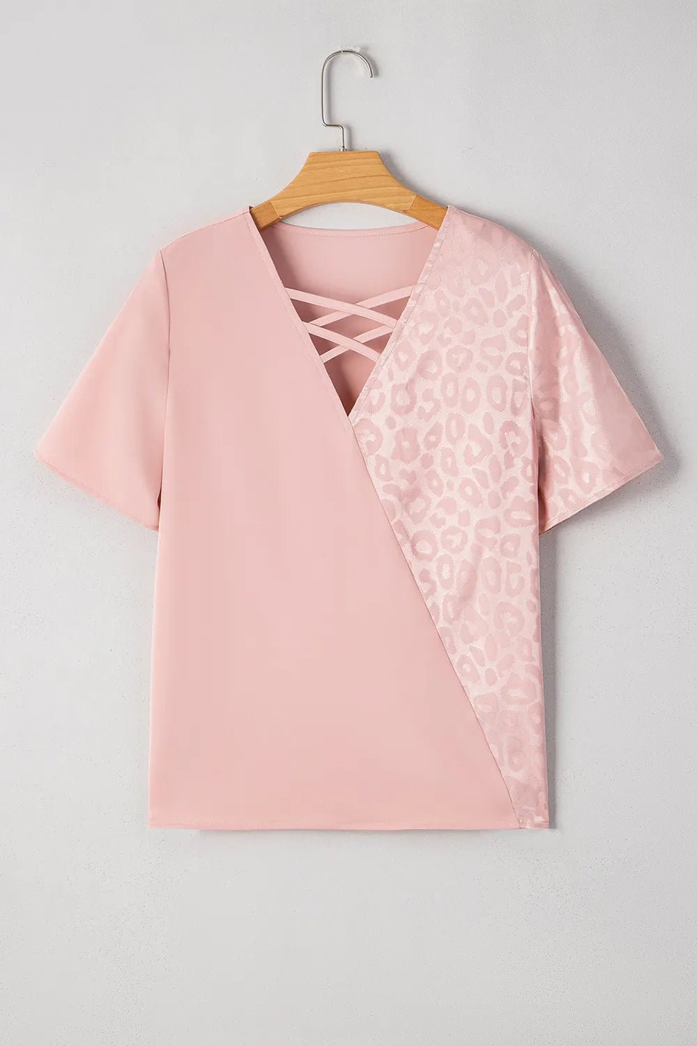Leopard Jacquard Patchwork Crisscross V Neck Short Sleeve Blouse - Lookzlike