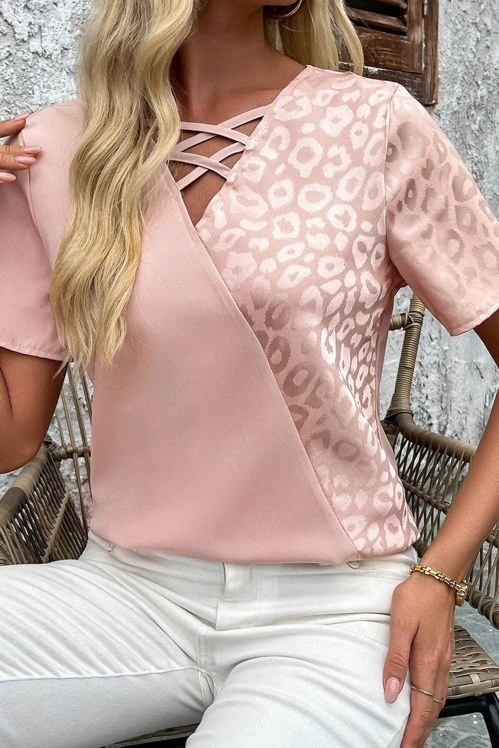 Leopard Jacquard Patchwork Crisscross V Neck Short Sleeve Blouse - Lookzlike