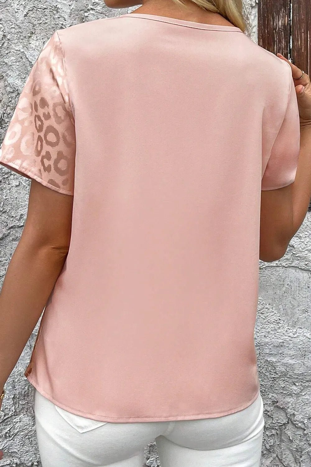 Leopard Jacquard Patchwork Crisscross V Neck Short Sleeve Blouse - Lookzlike