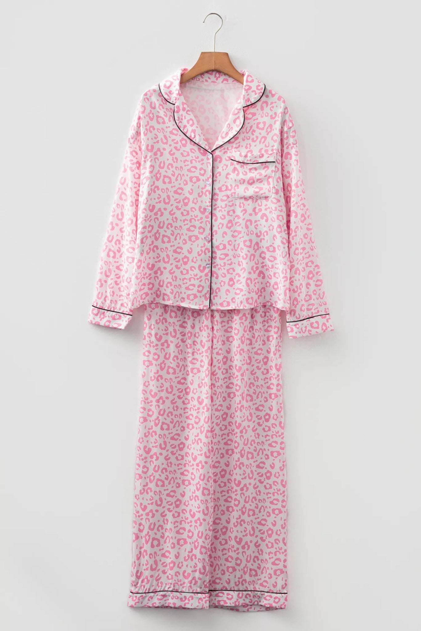 Leopard Print Button Up Top and Pants 2cps Pajama Set designed for comfort and style at Lookzlike