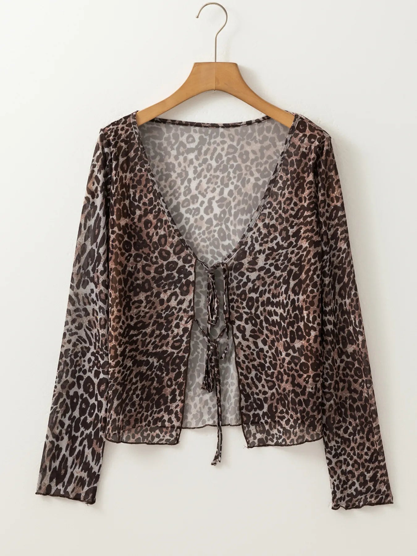 Leopard Sheer Mesh Long Sleeve V Neck Lace-Up Blouse - Lookzlike