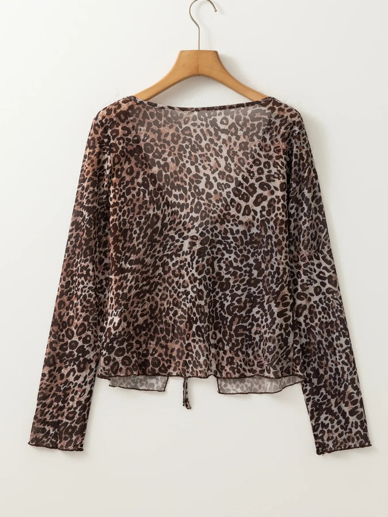 Leopard Sheer Mesh Long Sleeve V Neck Lace-Up Blouse - Lookzlike