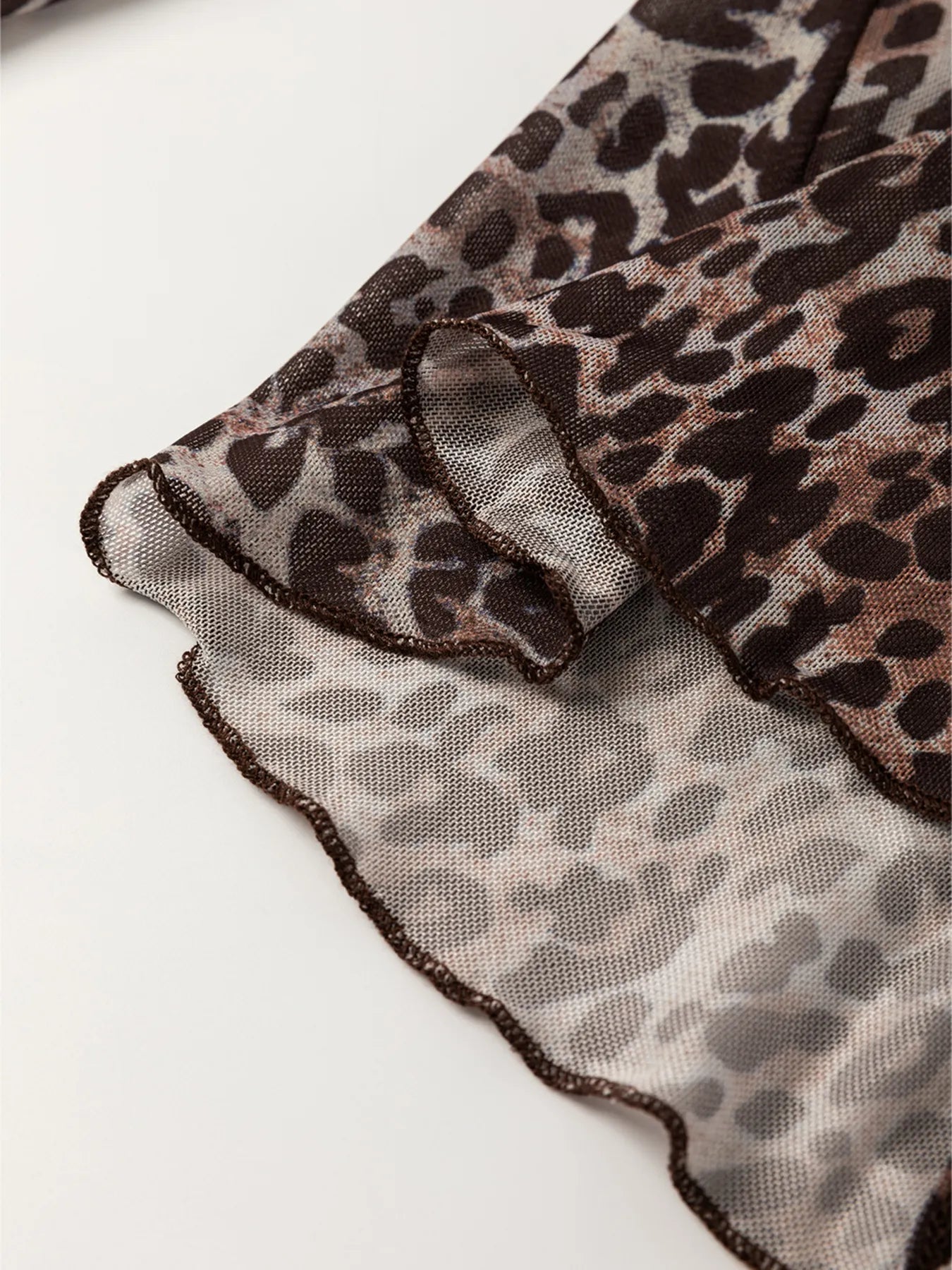 Leopard Sheer Mesh Long Sleeve V Neck Lace-Up Blouse - Lookzlike