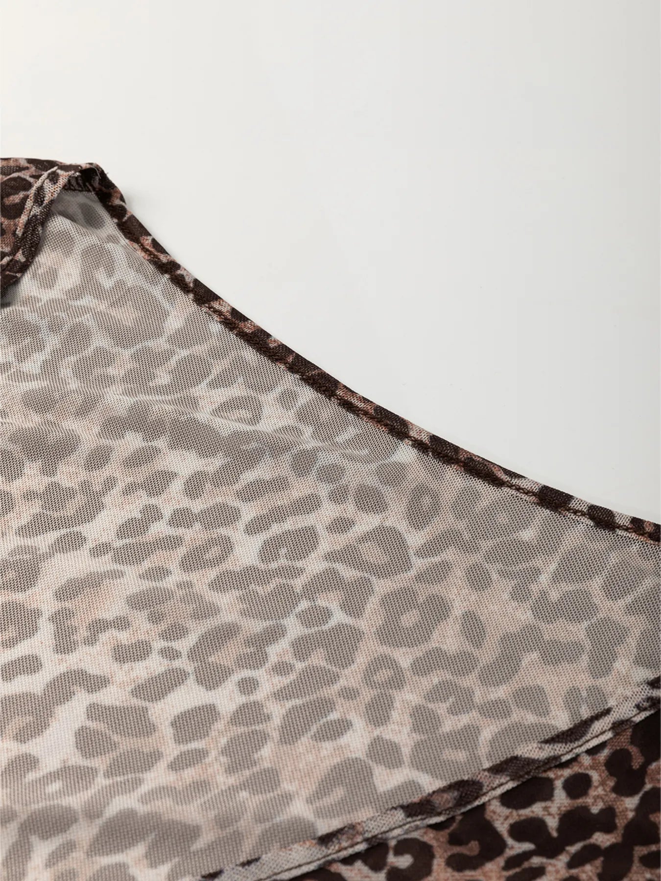Leopard Sheer Mesh Long Sleeve V Neck Lace-Up Blouse - Lookzlike