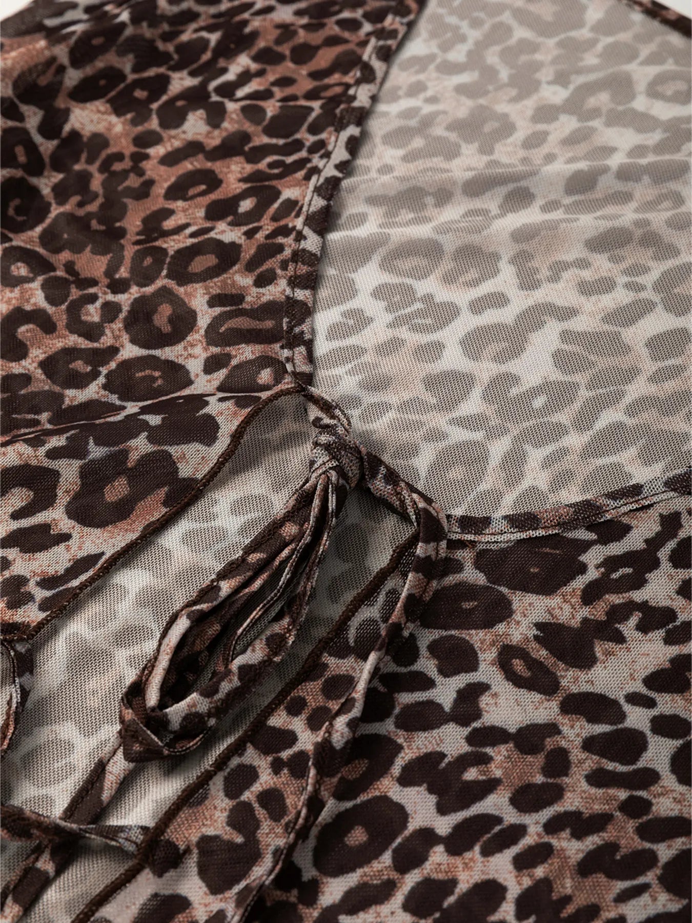 Leopard Sheer Mesh Long Sleeve V Neck Lace-Up Blouse - Lookzlike