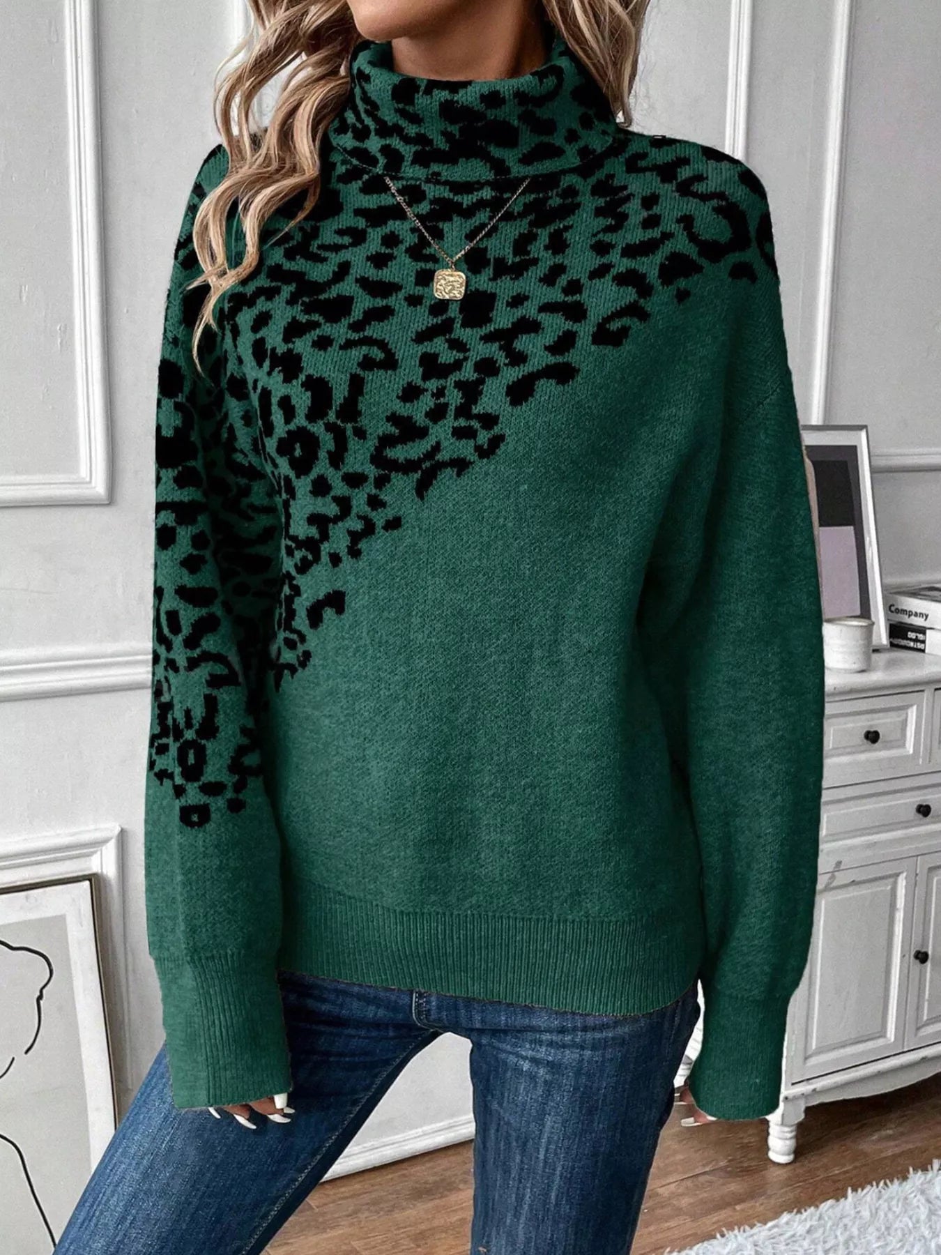 Leopard Turtleneck Long Sleeve Sweater designed for comfort and style at Lookzlike