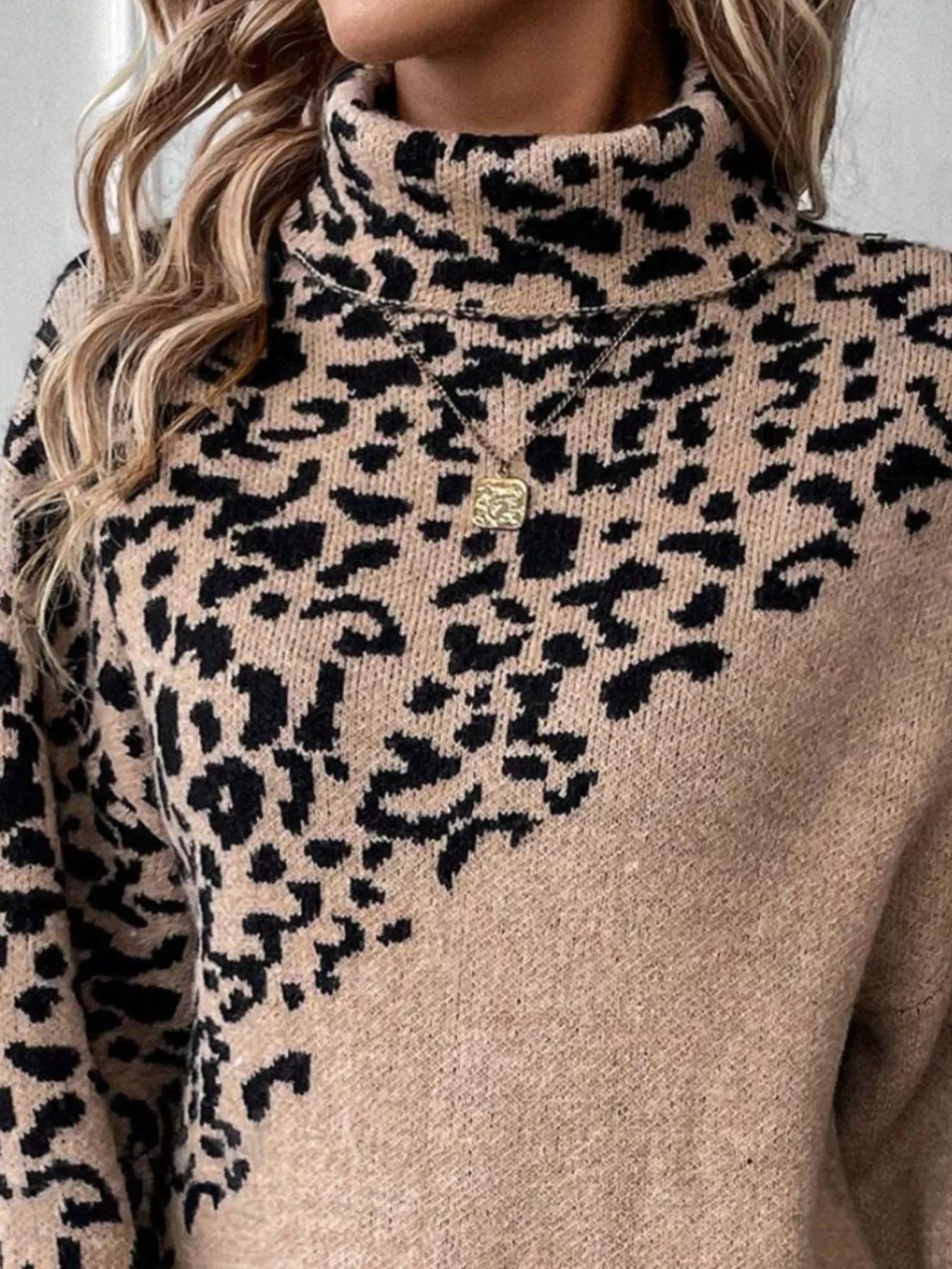 Leopard Turtleneck Long Sleeve Sweater designed for comfort and style at Lookzlike