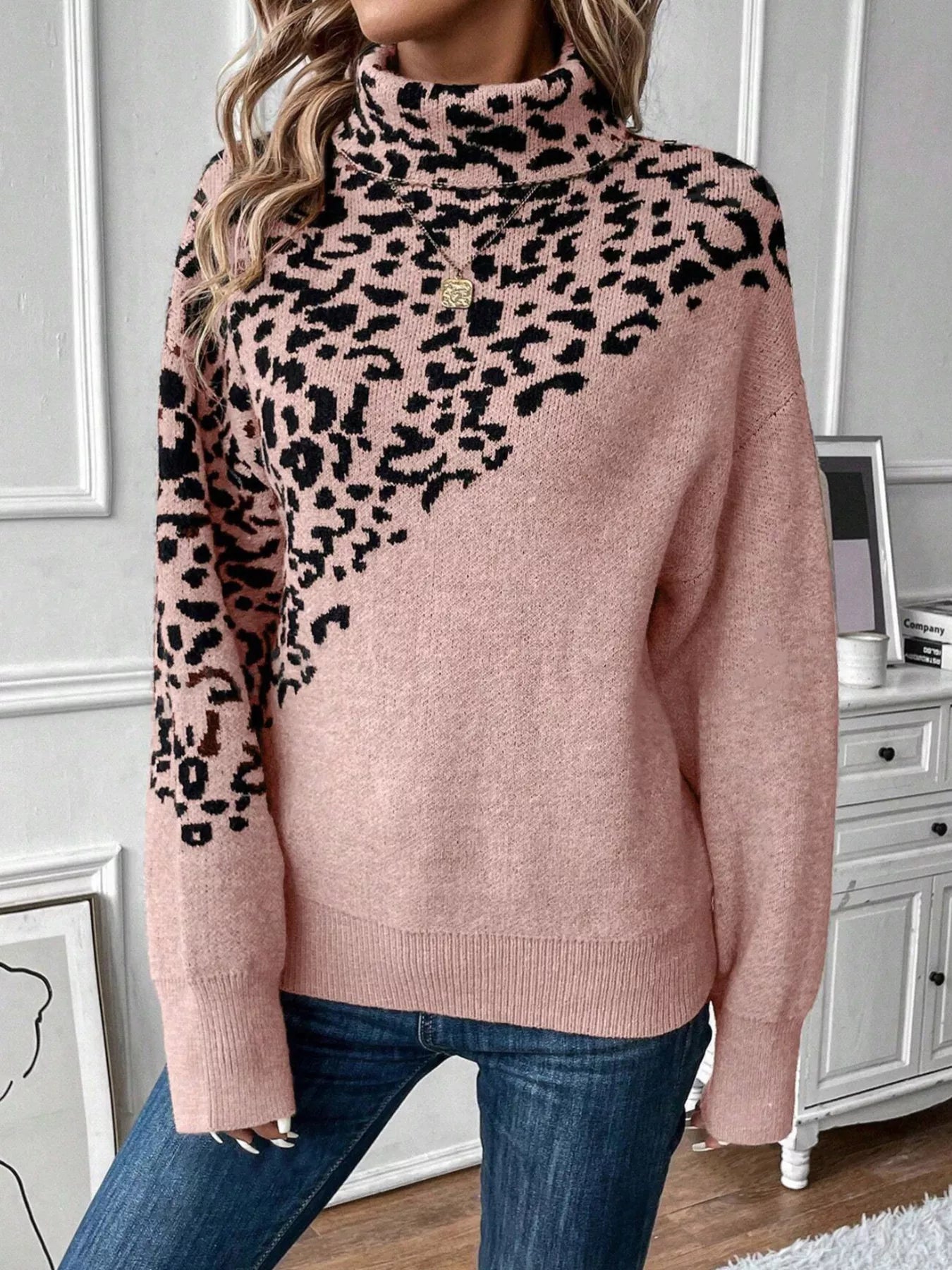 Leopard Turtleneck Long Sleeve Sweater designed for comfort and style at Lookzlike
