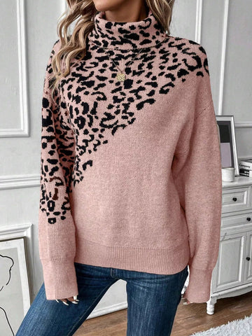 Leopard Turtleneck Long Sleeve Sweater designed for comfort and style at Lookzlike