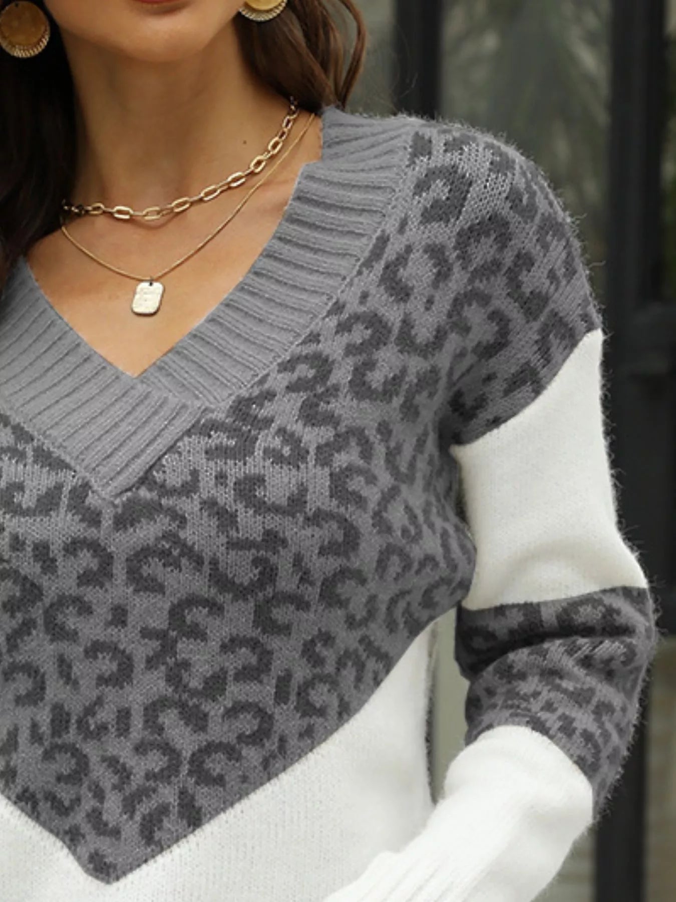 Leopard V - Neck Long Sleeve Sweater designed for comfort and style at Lookzlike