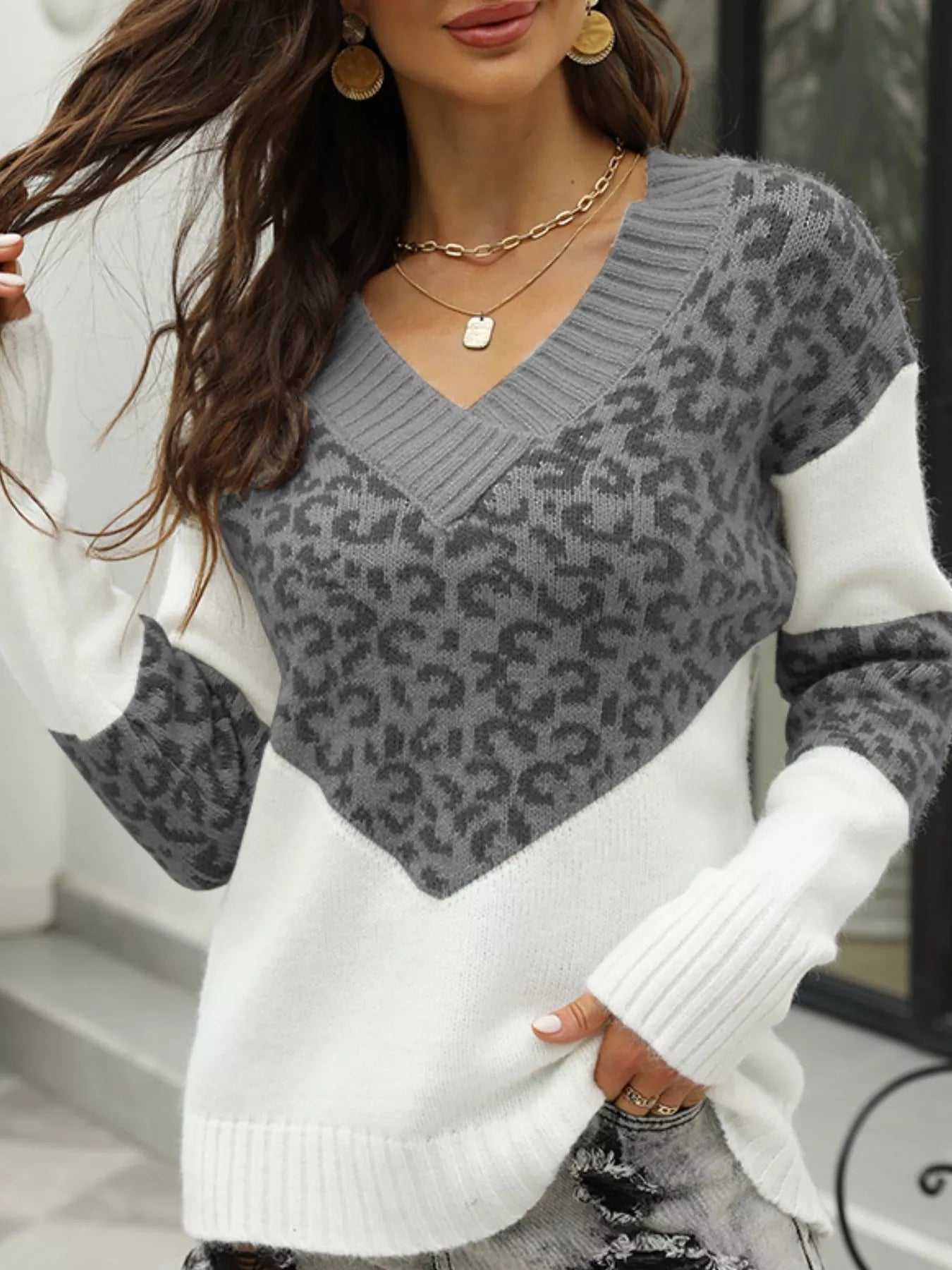 Leopard V - Neck Long Sleeve Sweater designed for comfort and style at Lookzlike