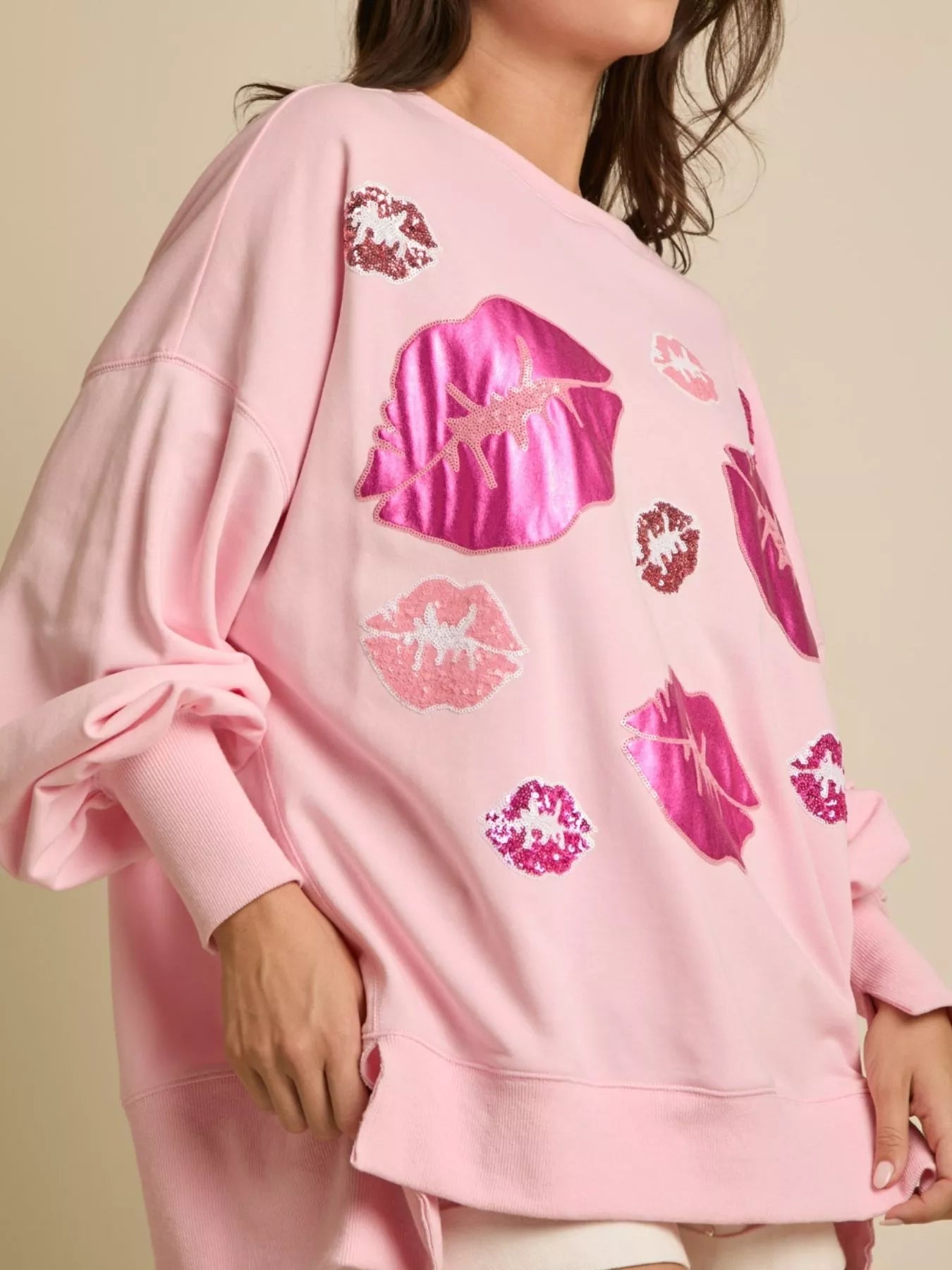 Lips Round Neck Dropped Shoulder Sweatshirt designed for comfort and style at Lookzlike