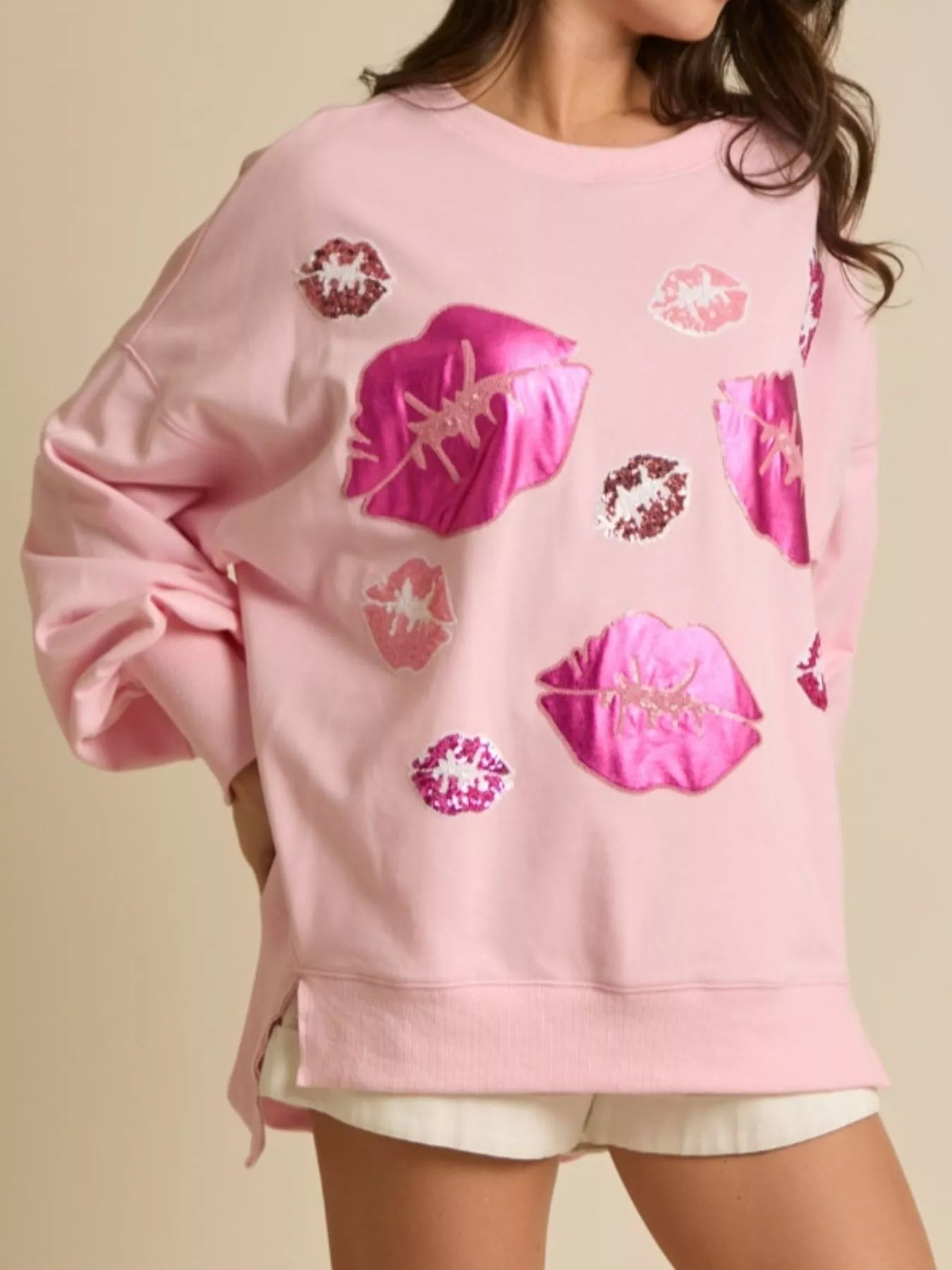 Lips Round Neck Dropped Shoulder Sweatshirt designed for comfort and style at Lookzlike