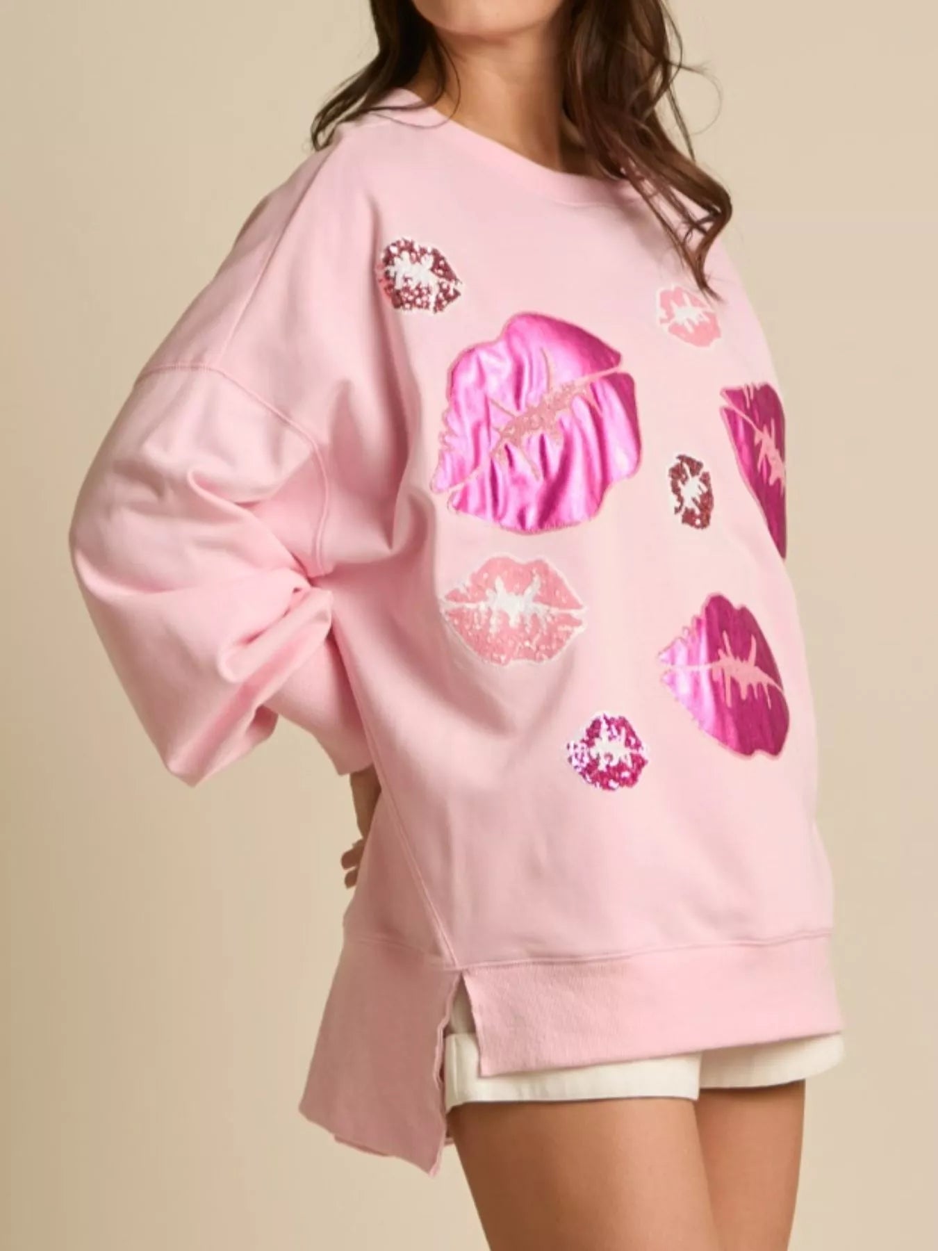 Lips Round Neck Dropped Shoulder Sweatshirt designed for comfort and style at Lookzlike