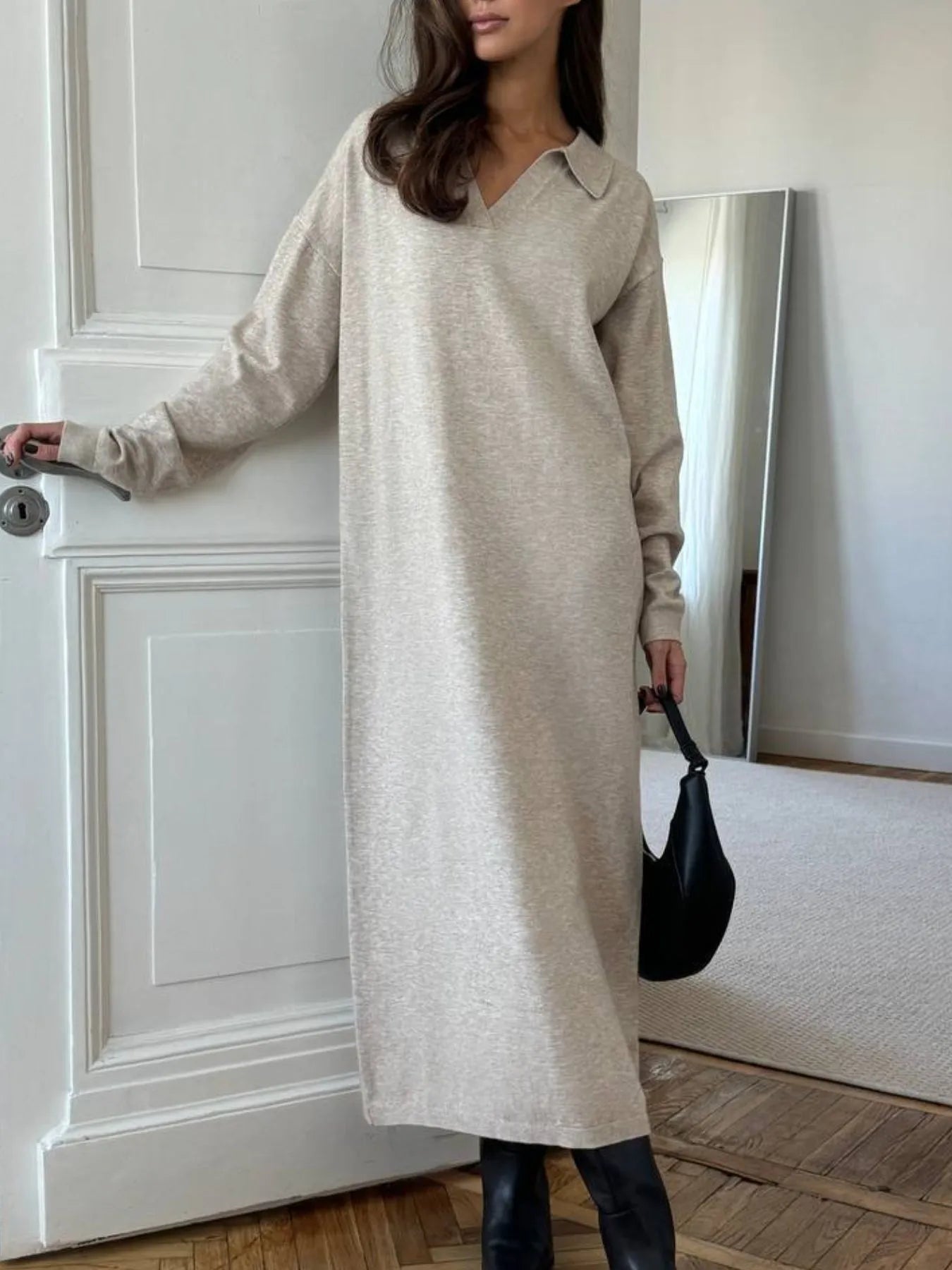 Long Sleeve Collared Neck Knit Dress - Lookzlike