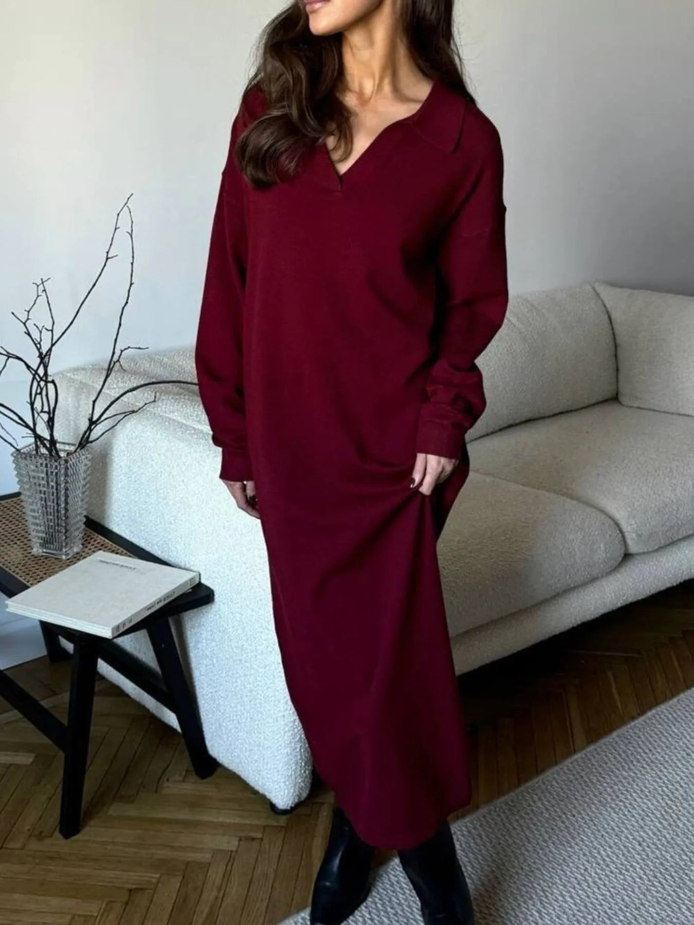 Long Sleeve Collared Neck Knit Dress - Lookzlike