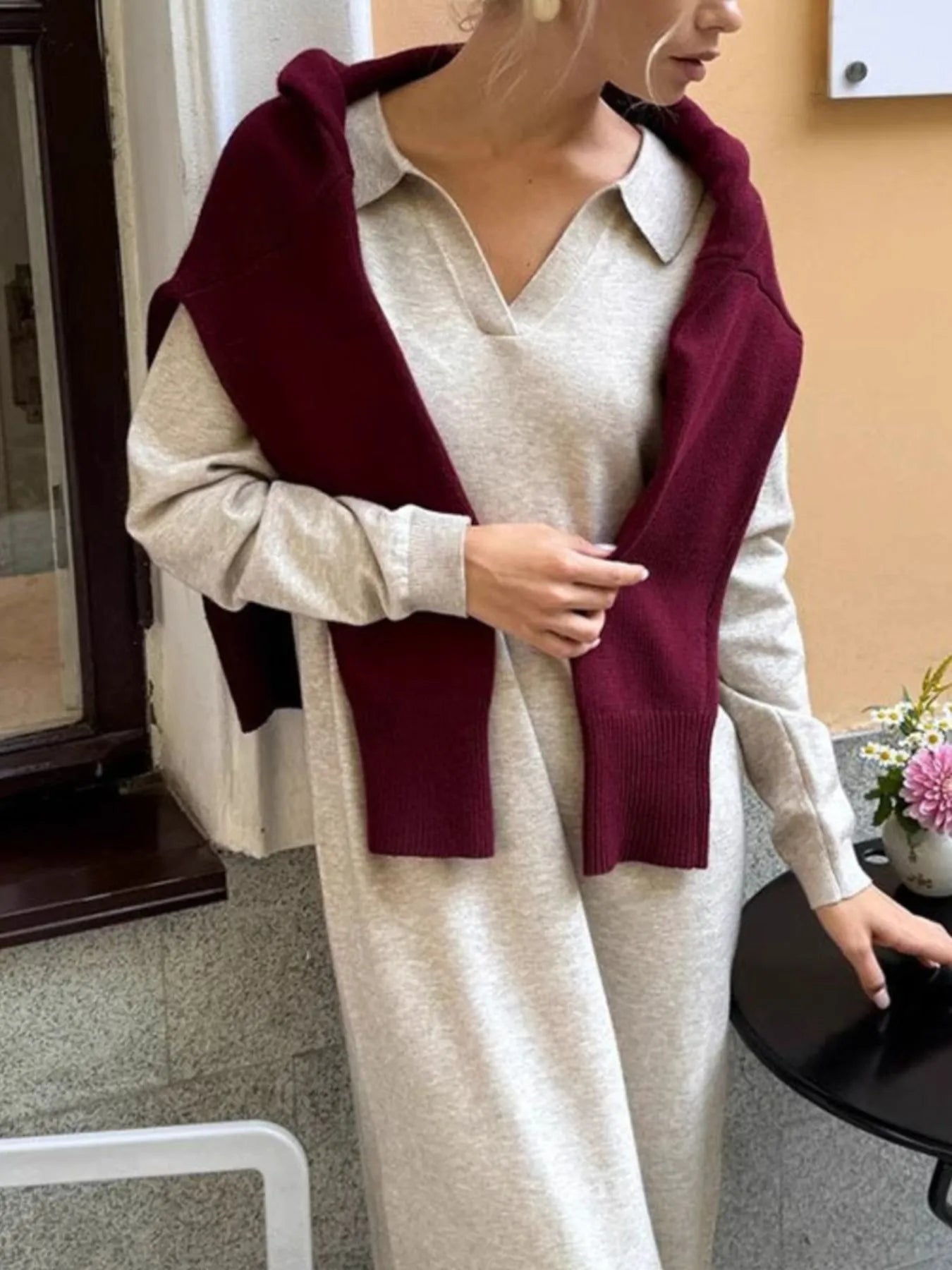 Long Sleeve Collared Neck Knit Dress - Lookzlike