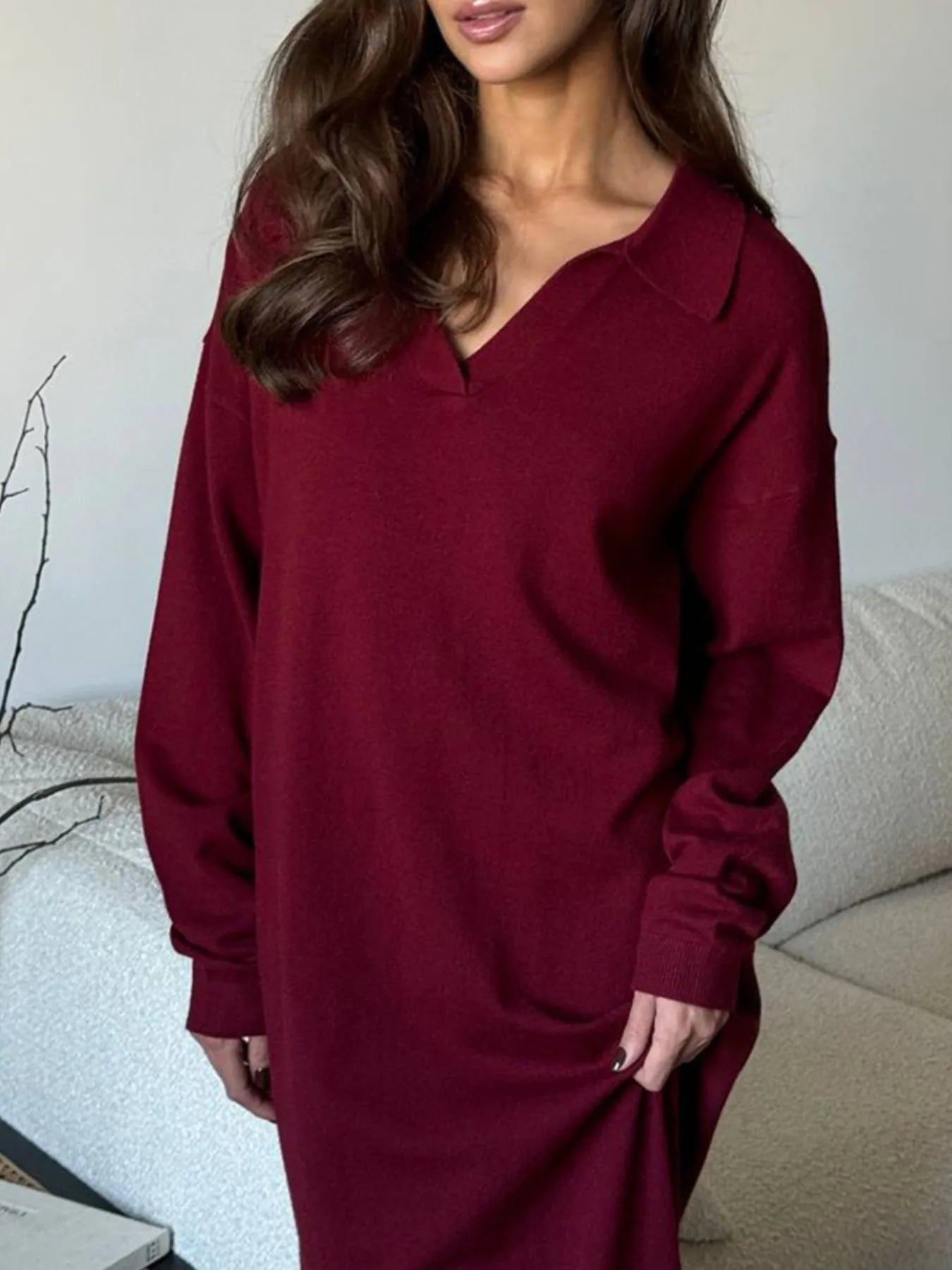 Long Sleeve Collared Neck Knit Dress - Lookzlike