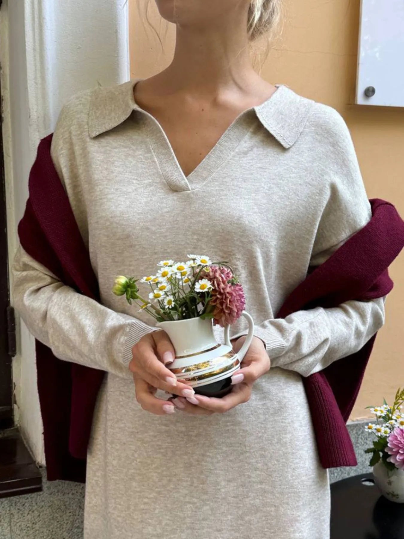 Long Sleeve Collared Neck Knit Dress - Lookzlike