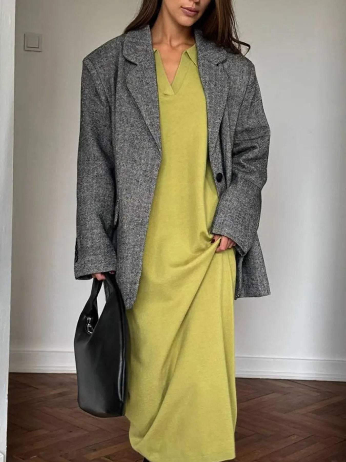 Long Sleeve Collared Neck Knit Dress - Lookzlike