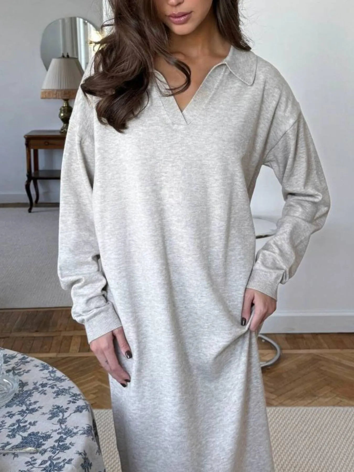 Long Sleeve Collared Neck Knit Dress - Lookzlike