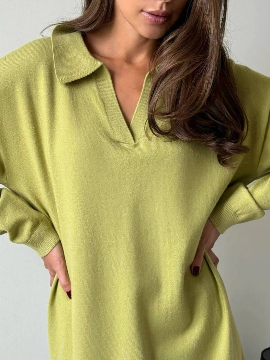 Long Sleeve Collared Neck Knit Dress - Lookzlike