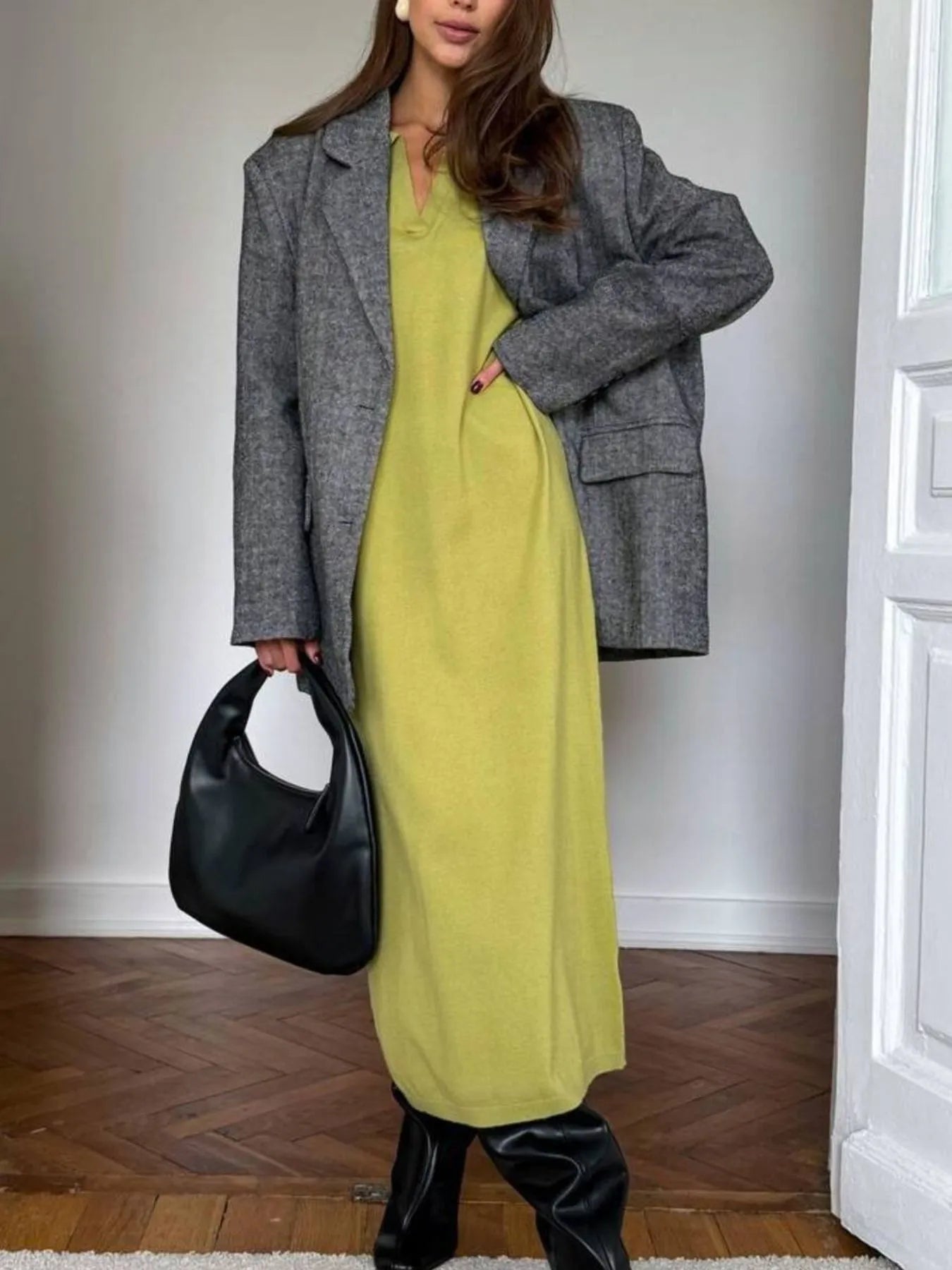 Long Sleeve Collared Neck Knit Dress - Lookzlike
