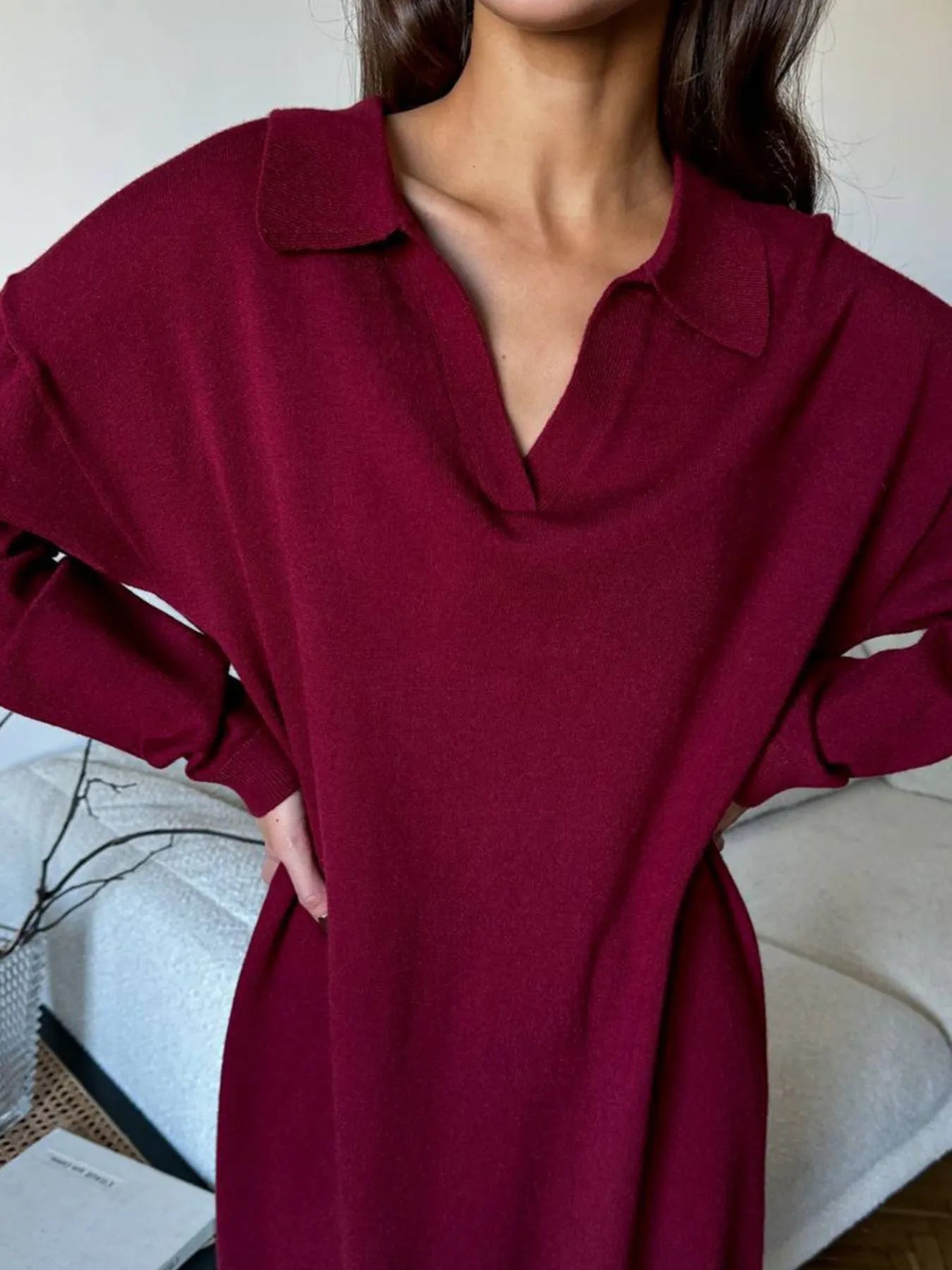 Long Sleeve Collared Neck Knit Dress - Lookzlike