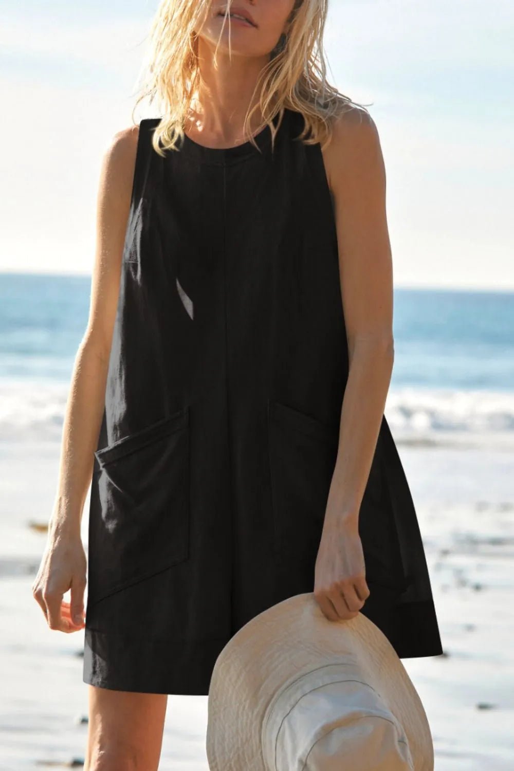 Lovelet Round Neck Sleeveless Romper with Pockets - Lookzlike
