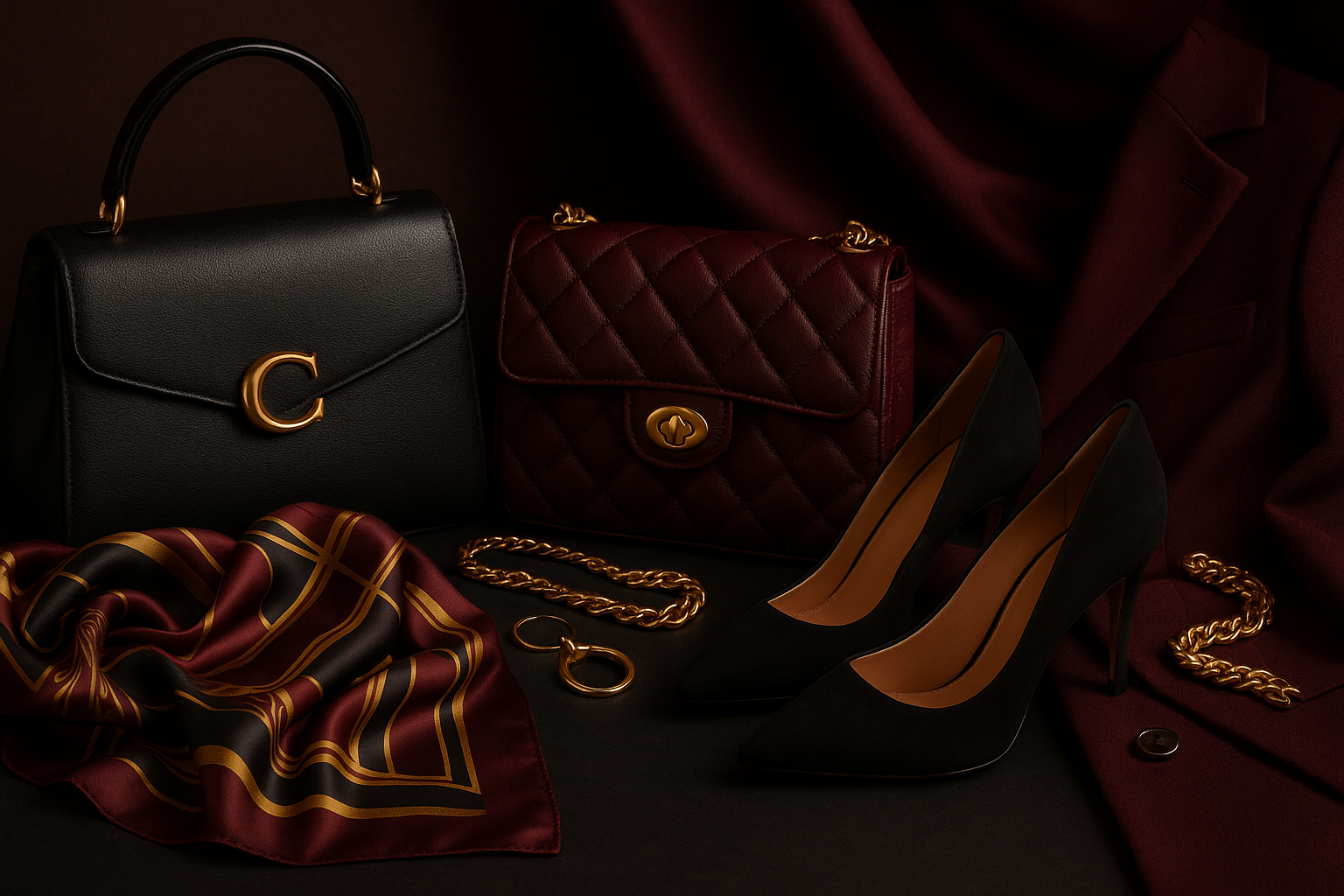 Black handbag, burgundy quilted bag, high-heeled shoes, and a red scarf on a dark background