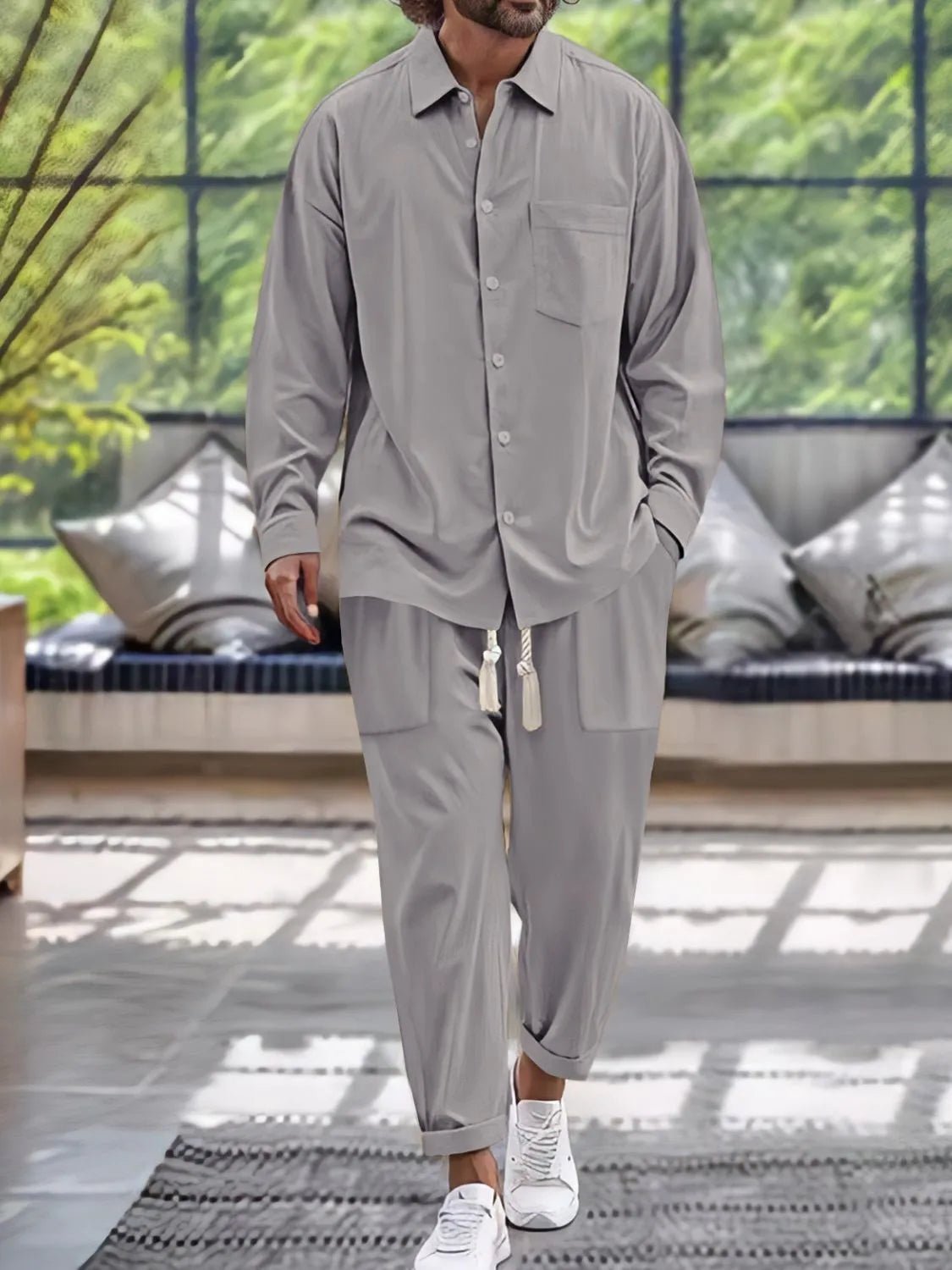 Men's Button Down Long Sleeve Shirt and Pants Set - Lookzlike