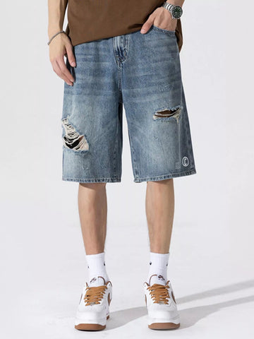 Men's Distressed Loose Fit Denim Shorts designed for comfort and style at Lookzlike