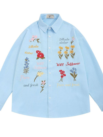 Men's Embroidered Floral Long Sleeve Casual Shirt - Lookzlike