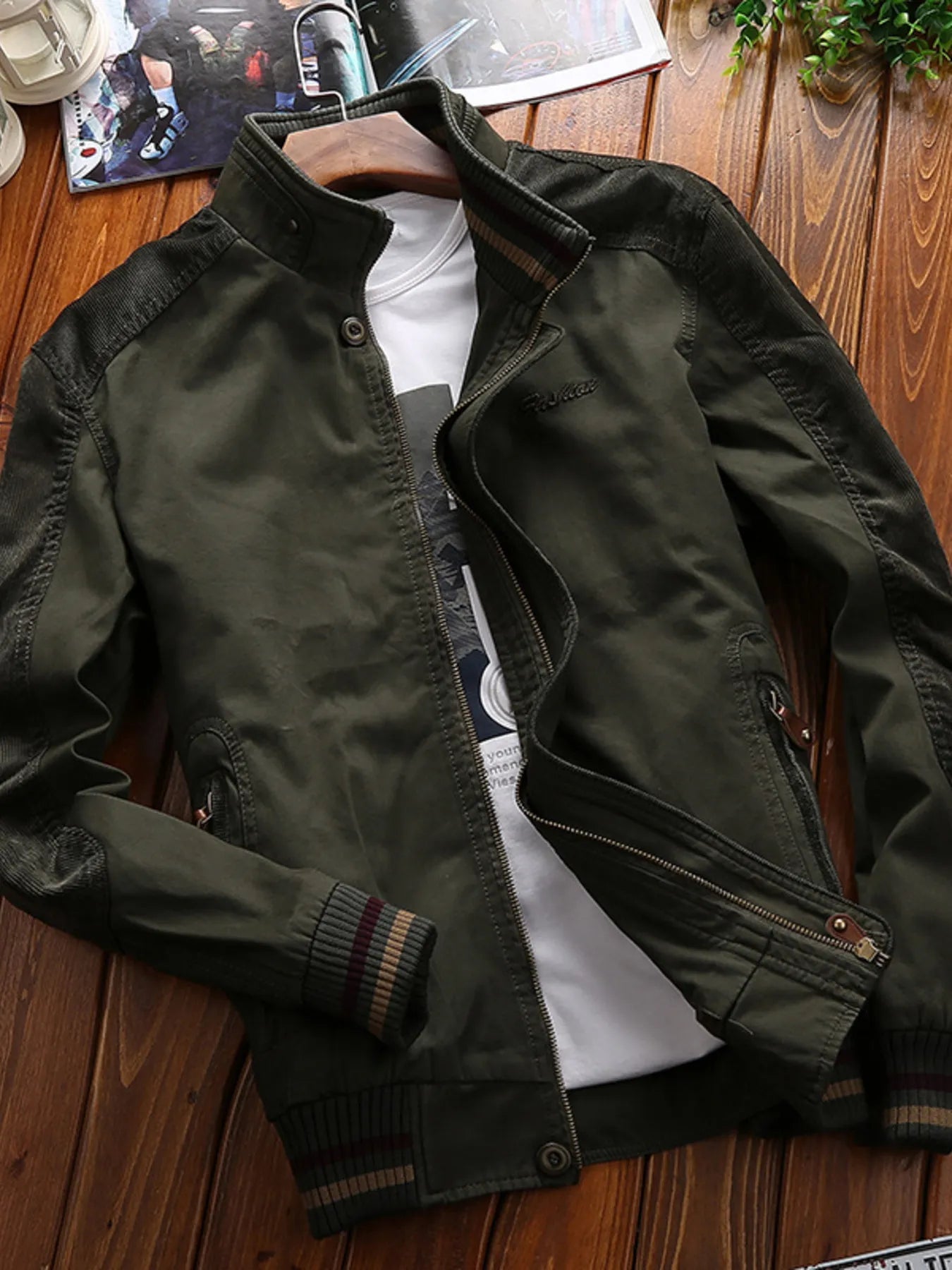 Men's Full Size Bomber Jacket with Ribbed Cuffs and Collar Plus Size designed for comfort and style at Lookzlike