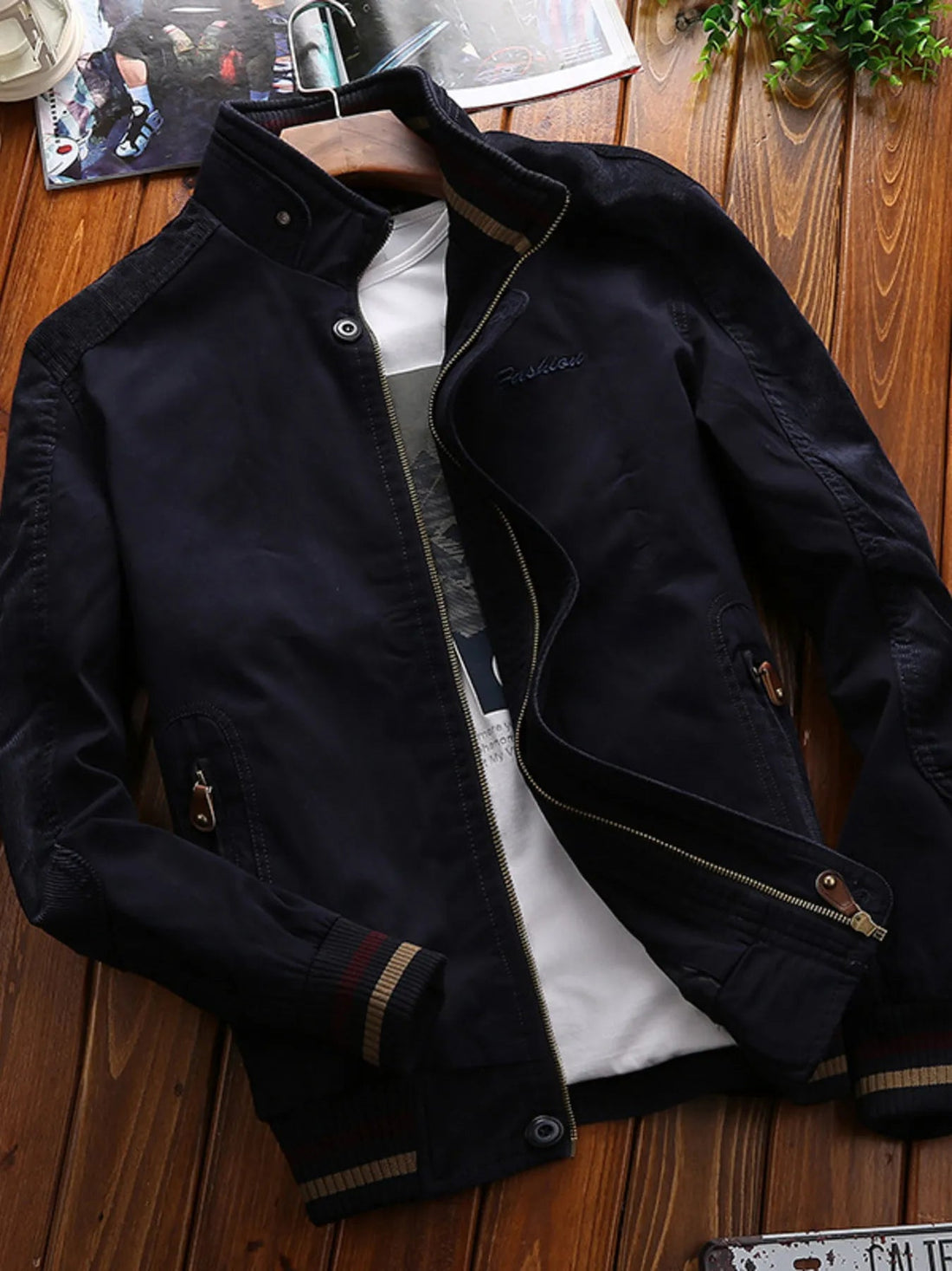 Men's Full Size Bomber Jacket with Ribbed Cuffs and Collar Plus Size designed for comfort and style at Lookzlike