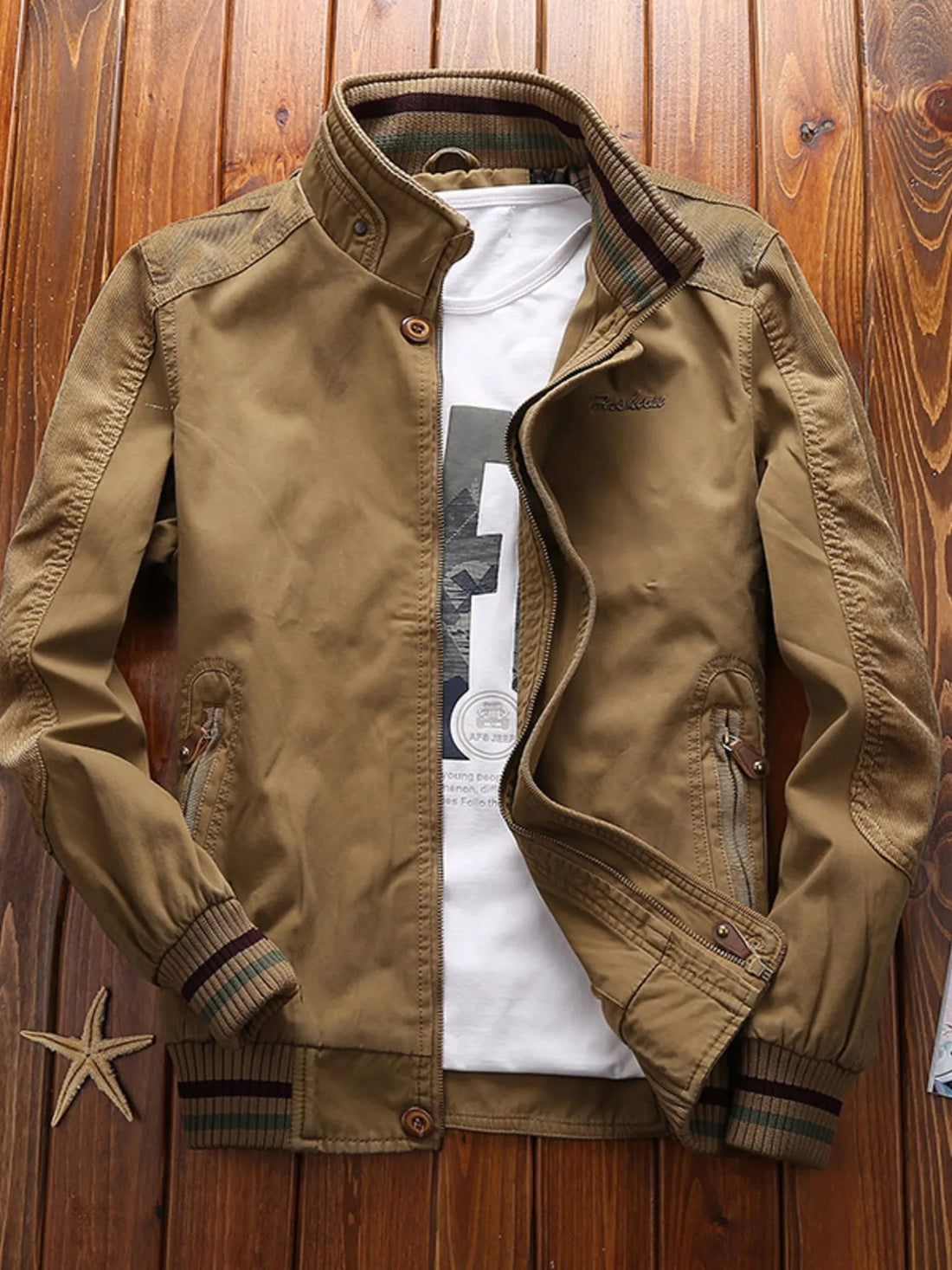 Men's Full Size Bomber Jacket with Ribbed Cuffs and Collar Plus Size designed for comfort and style at Lookzlike