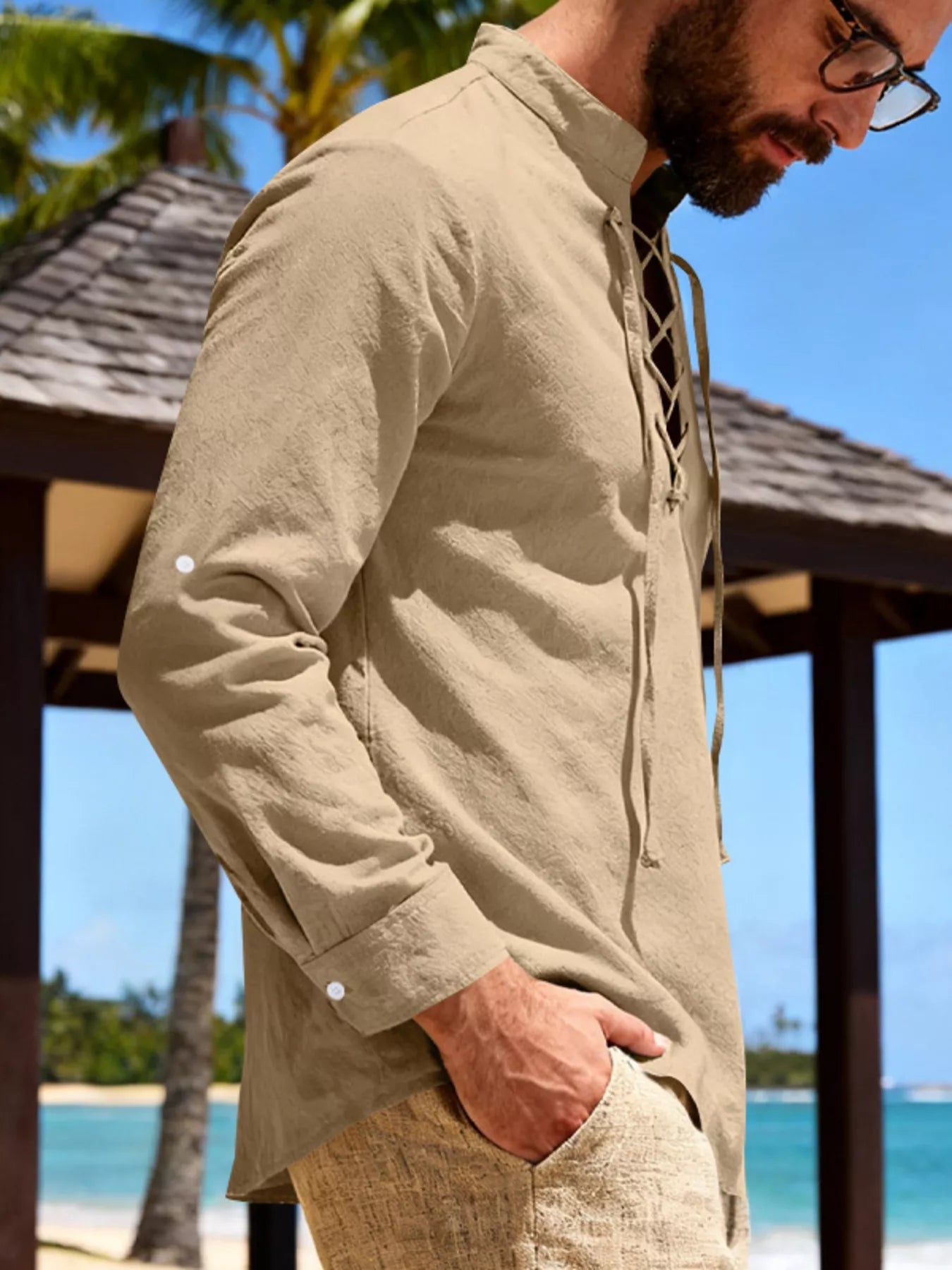 Men's Full Size Casual Lace-Up Linen Shirt Plus Size designed for comfort and style at Lookzlike
