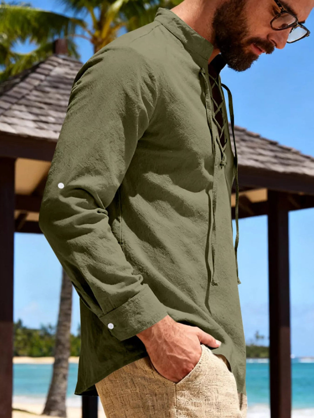 Men's Full Size Casual Lace-Up Linen Shirt Plus Size designed for comfort and style at Lookzlike