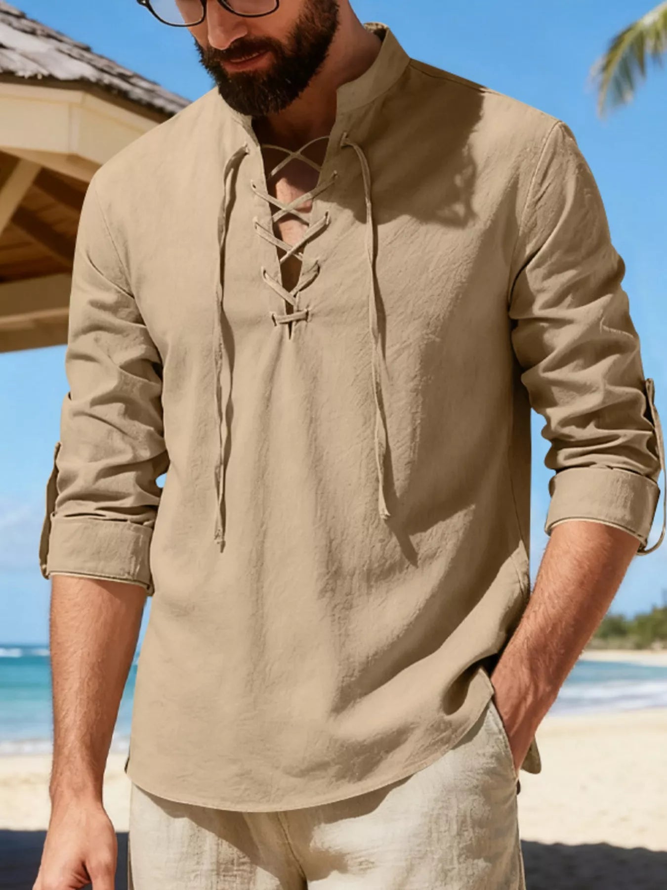 Men's Full Size Casual Lace-Up Linen Shirt Plus Size designed for comfort and style at Lookzlike