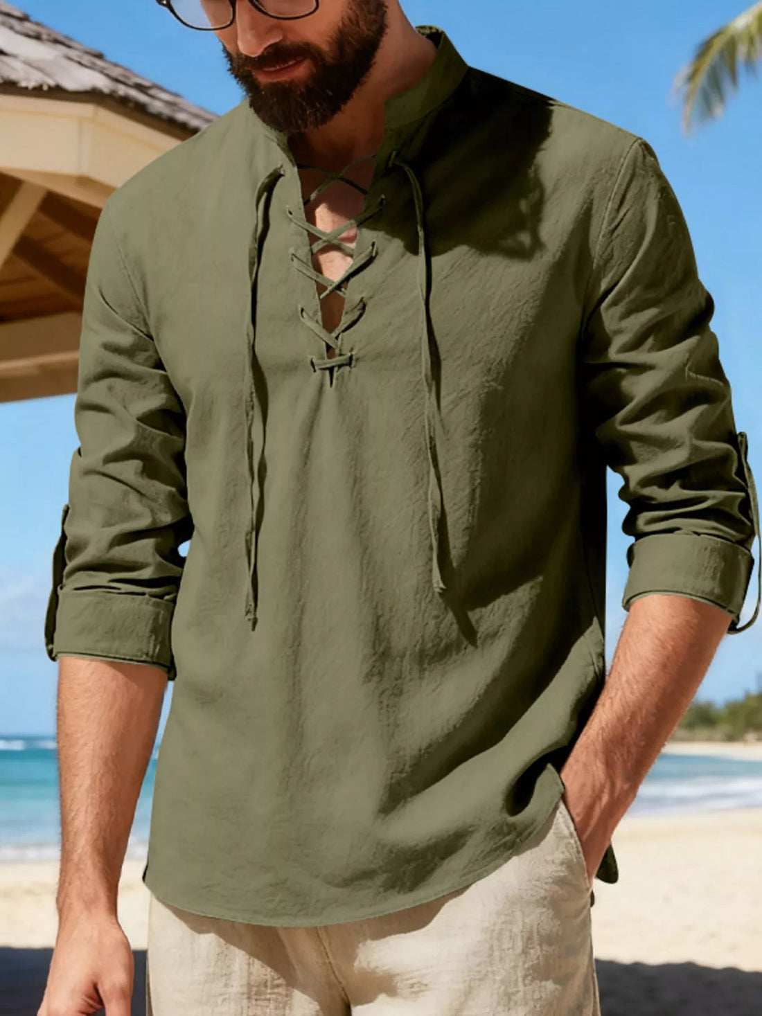 Men's Full Size Casual Lace-Up Linen Shirt Plus Size designed for comfort and style at Lookzlike