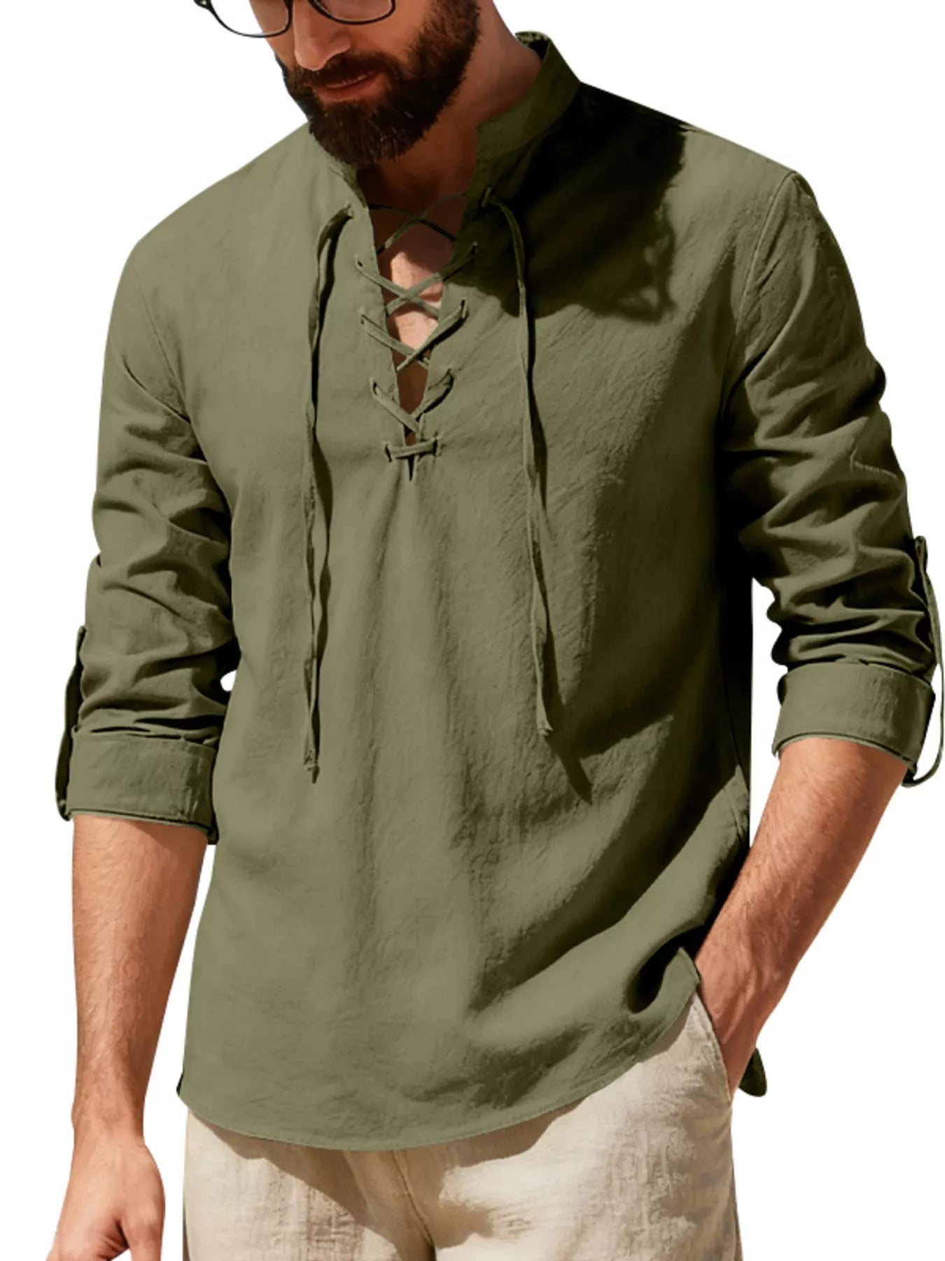 Men's Full Size Casual Lace-Up Linen Shirt Plus Size designed for comfort and style at Lookzlike