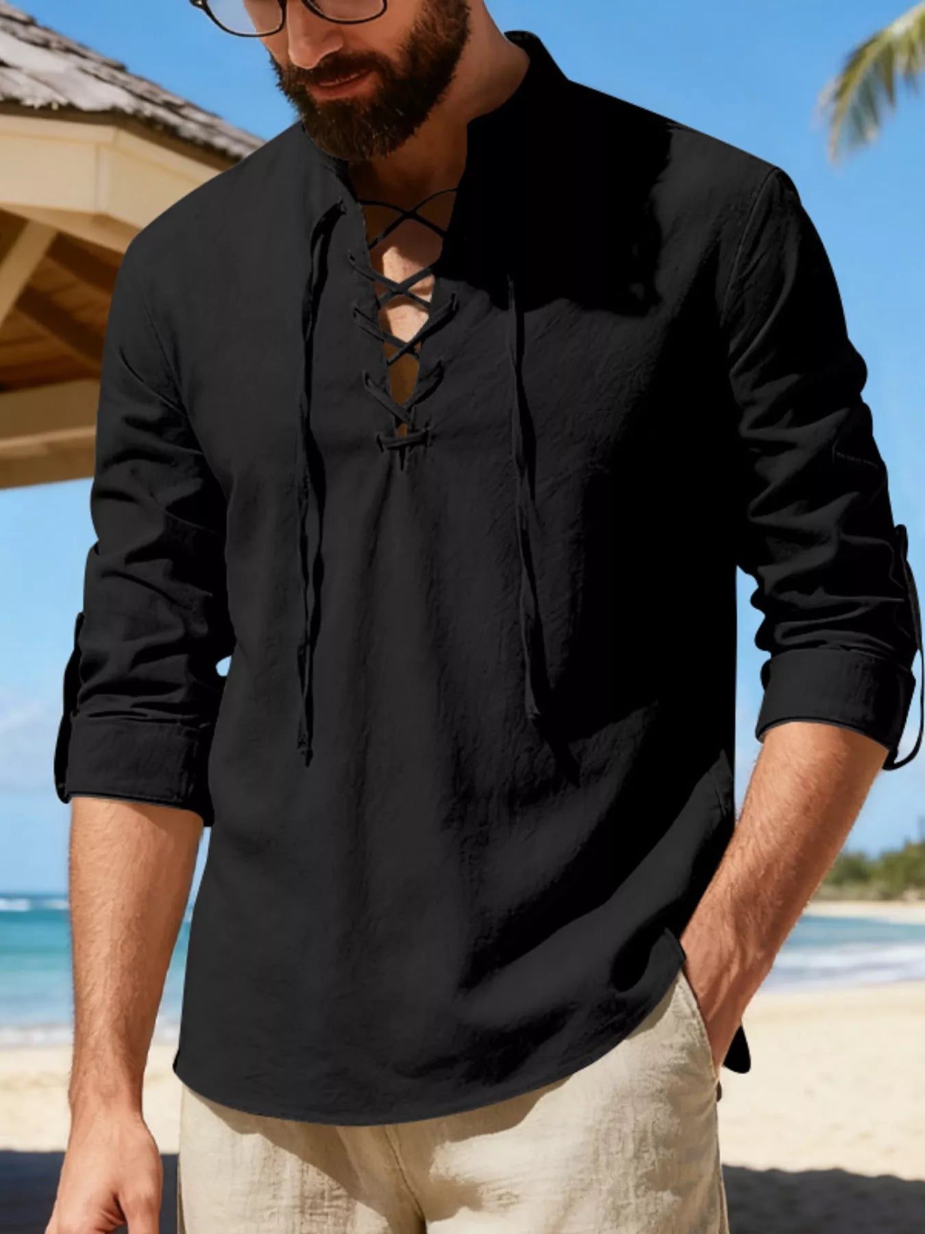 Men's Full Size Casual Lace-Up Linen Shirt Plus Size designed for comfort and style at Lookzlike