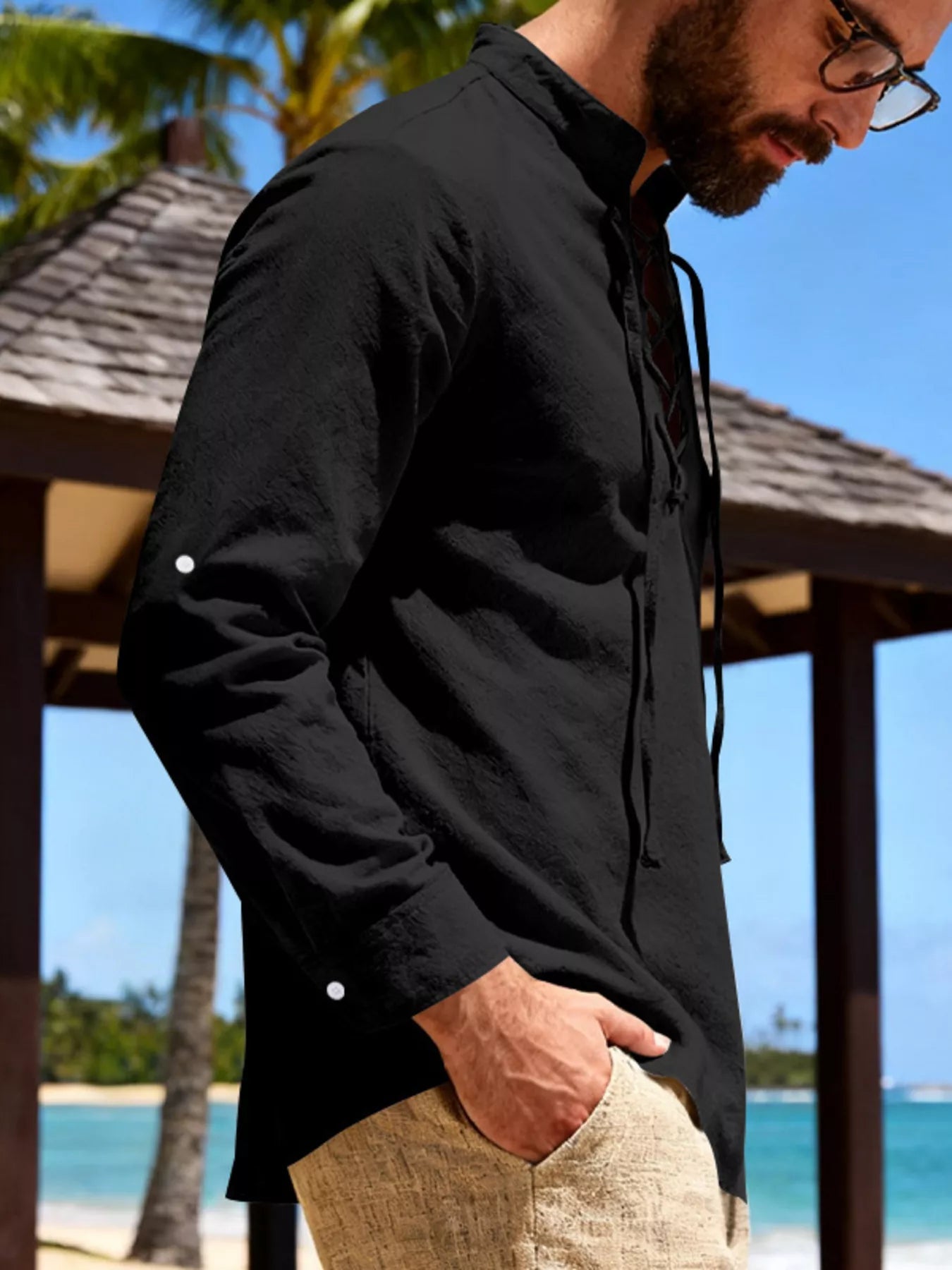 Men's Full Size Casual Lace-Up Linen Shirt Plus Size designed for comfort and style at Lookzlike