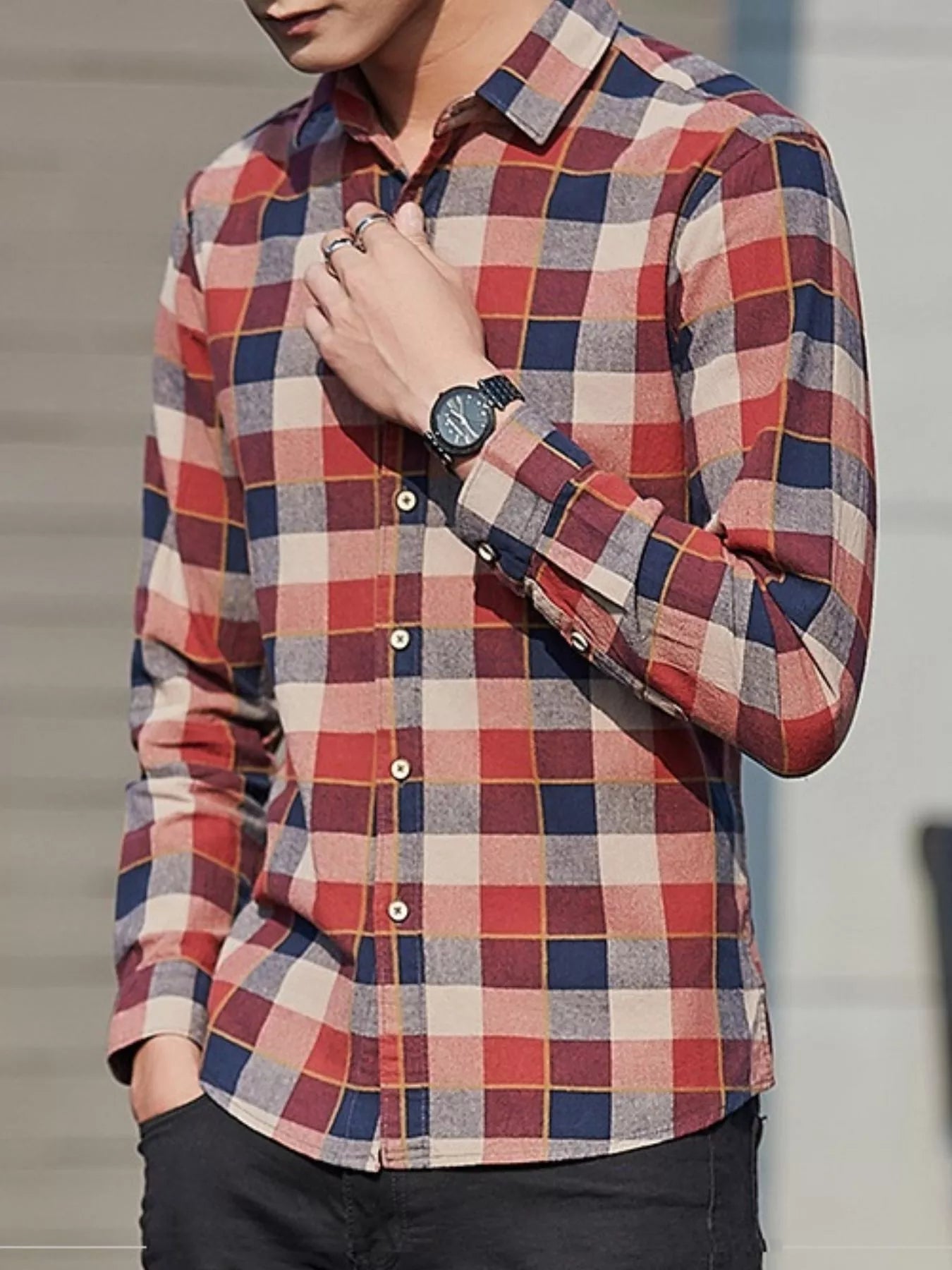 Men's Full Size Casual Plaid Long Sleeve Shirt Plus Size designed for comfort and style at Lookzlike