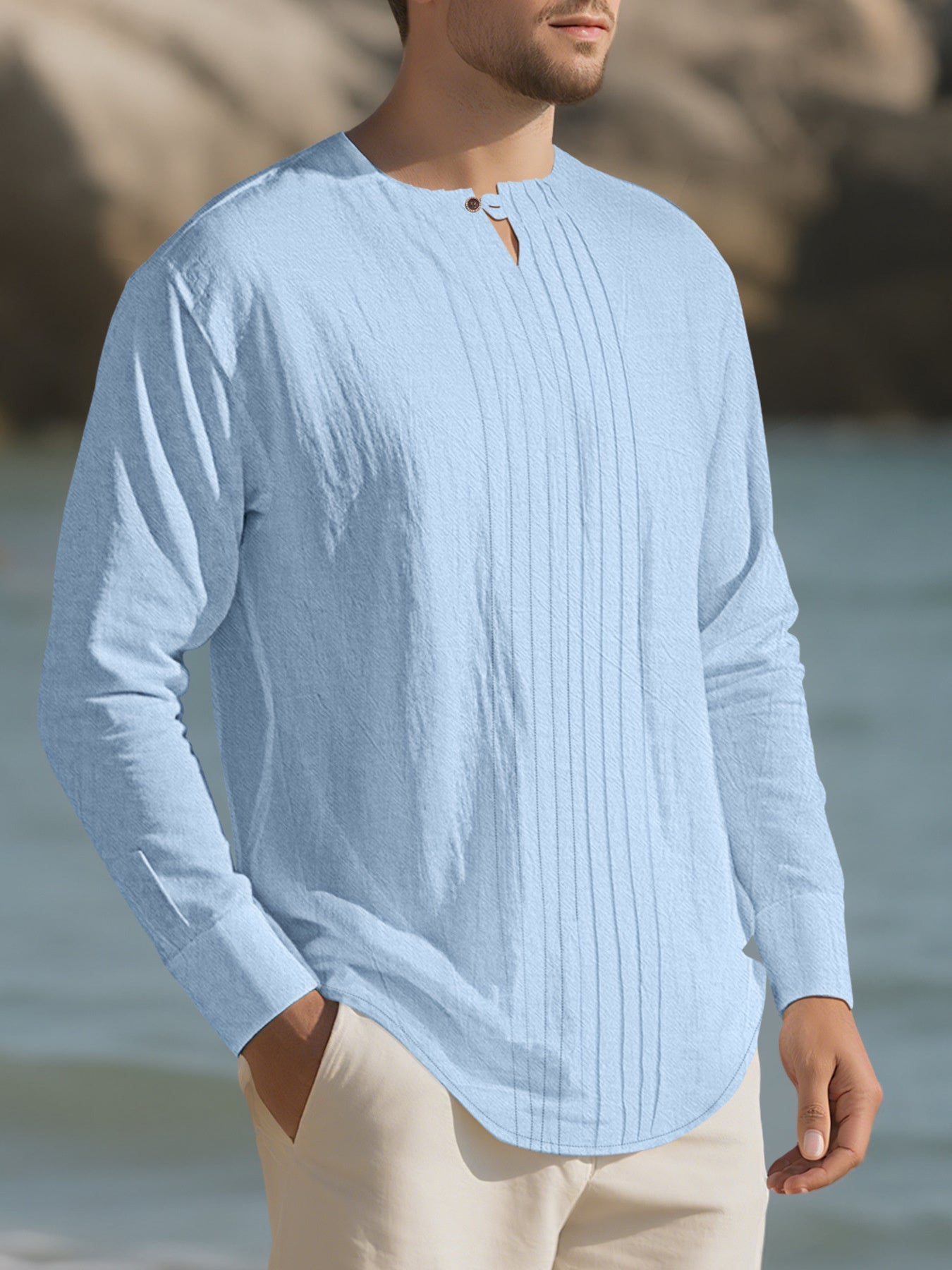 Men's Full Size Casual Pleated Long Sleeve Blouse Plus Size designed for comfort and style at Lookzlike