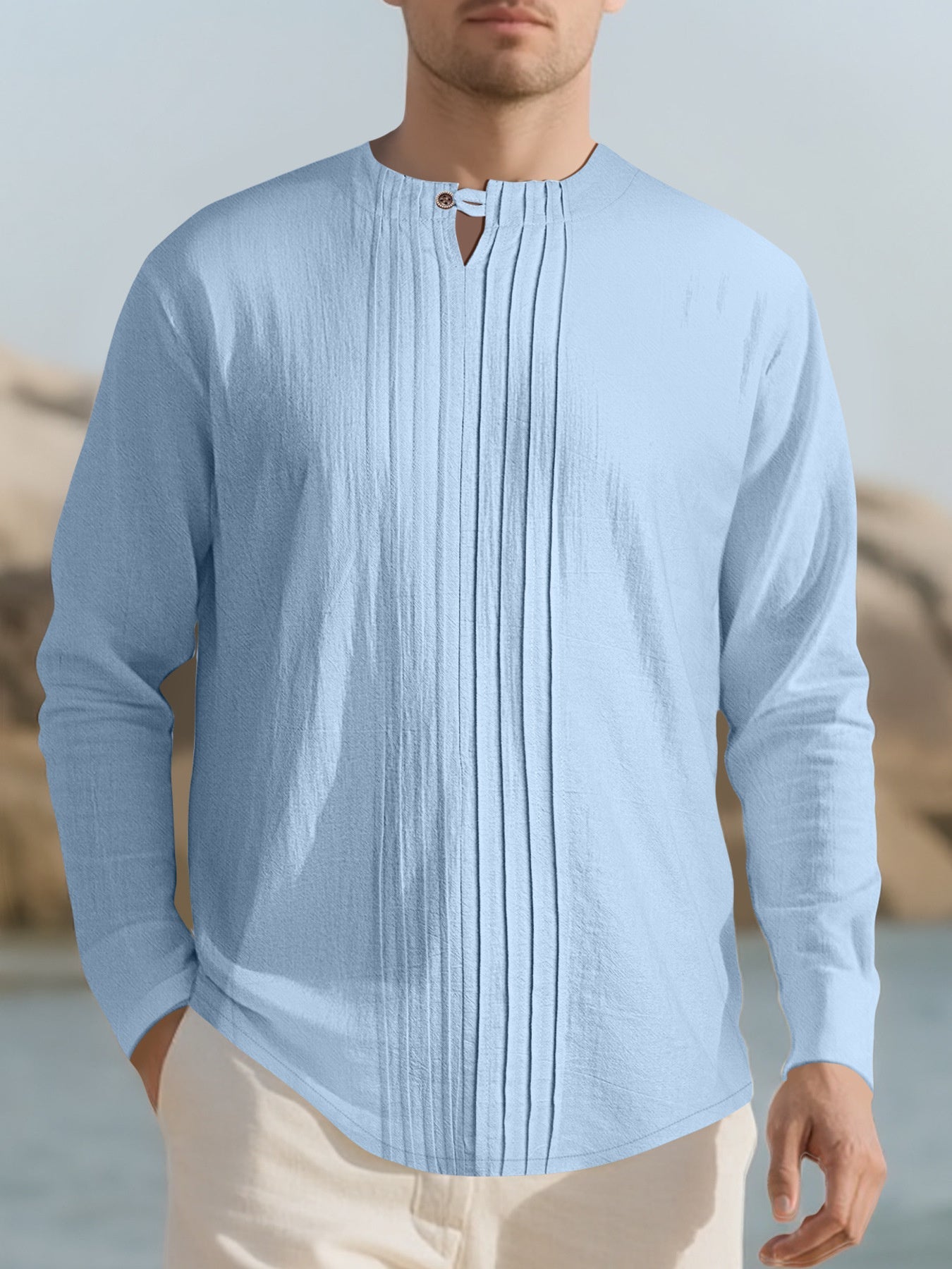 Men's Full Size Casual Pleated Long Sleeve Blouse Plus Size designed for comfort and style at Lookzlike