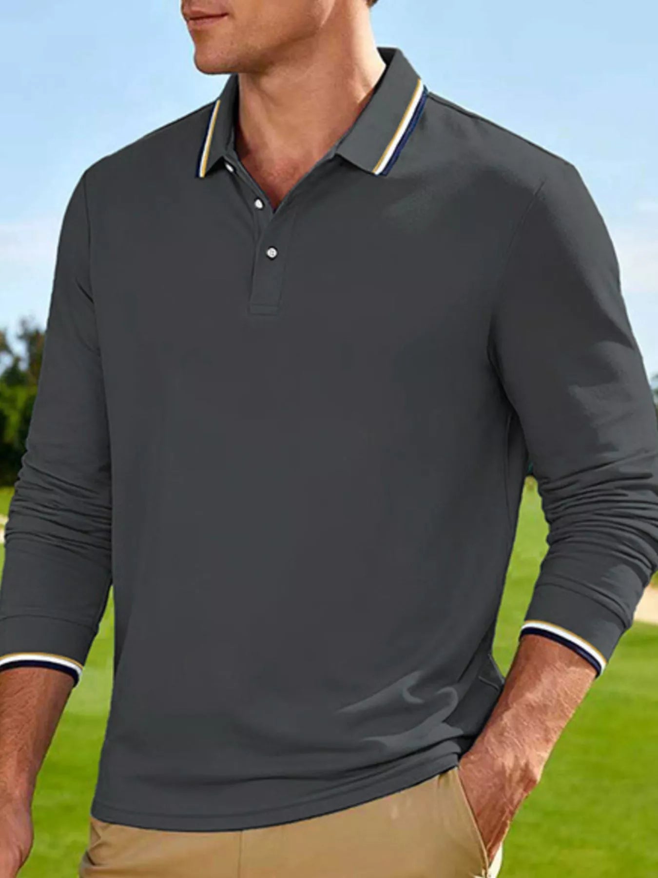 Men's Full Size Classic Long-Sleeve Polo with Striped Collar Plus Size designed for comfort and style at Lookzlike